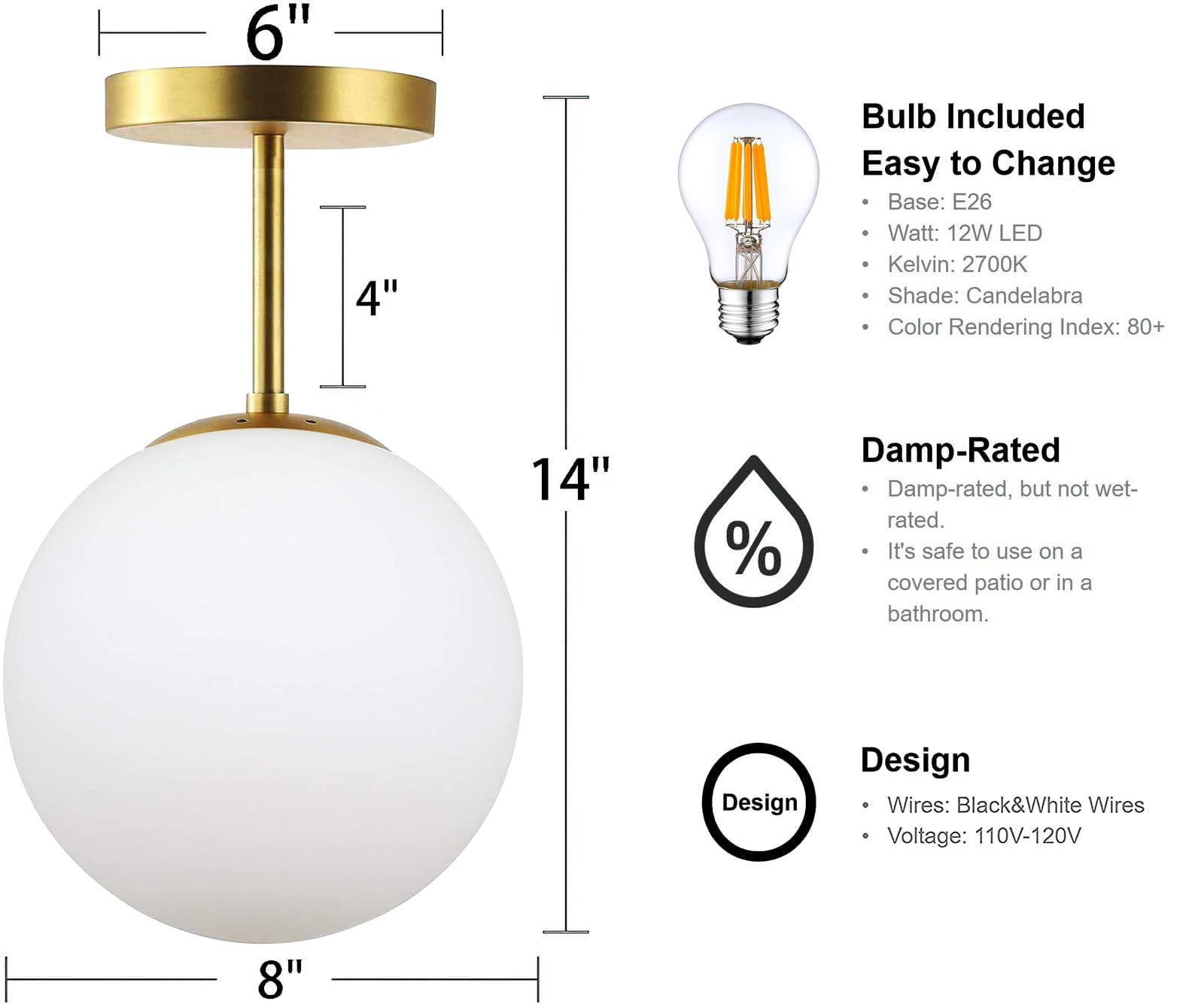 Koko&Yukina Globe Semi Flush Mount Light Fixture, Milk Glass & Matte Gold, 8&quot; Modern Design