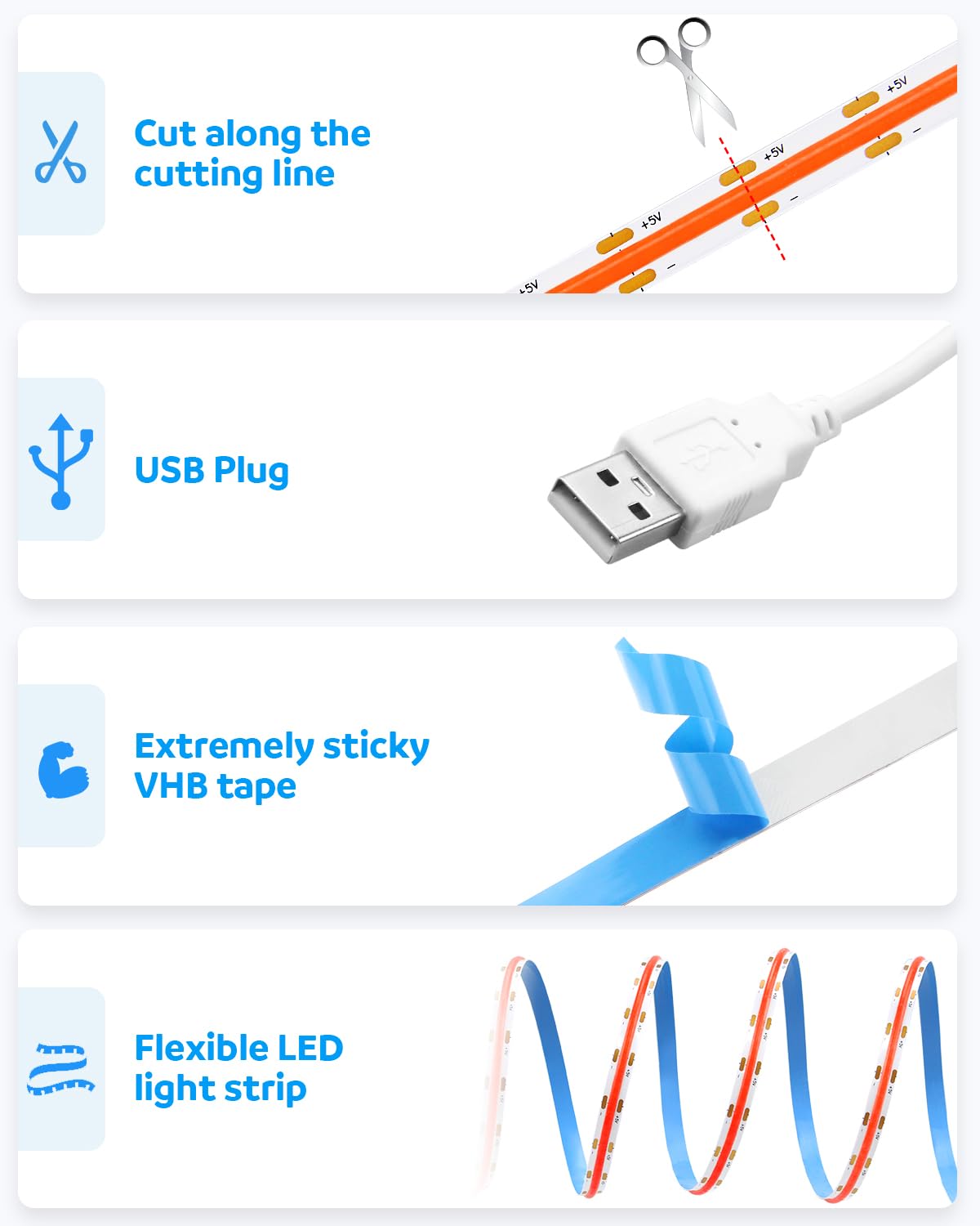 Aclorol Cob Led Strip Light 5V Usb Powered Cob Led Light Red 3.28Ft 320Leds Cri85+ Flexible Led Light Strip 1M For Tv Wall Secre