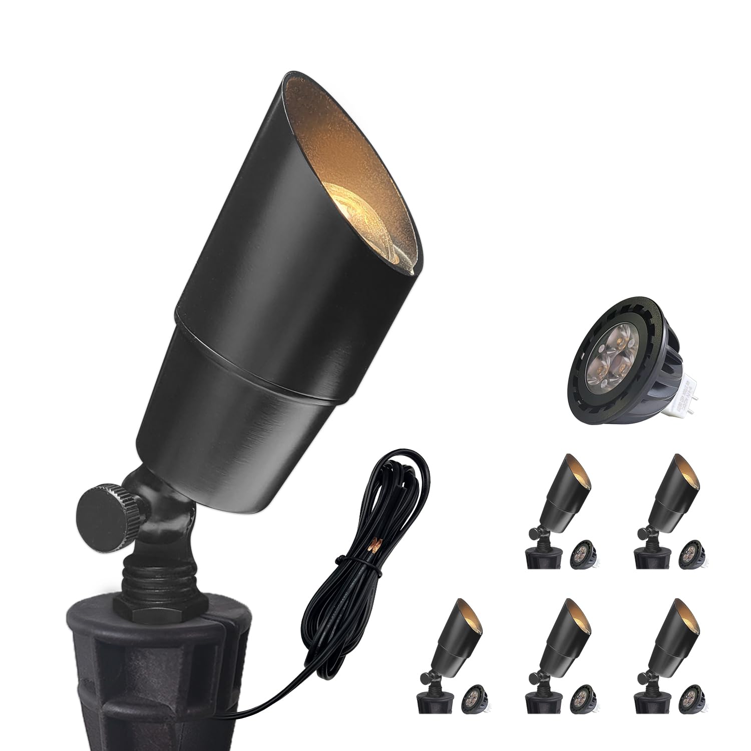 COLOER Brass Low Voltage Landscape Spotlight(Black) 6-Pack with 5W Aluminum Housing MR16 LED Bulb 2700K 450LM CRI85+,12V AC/DC O