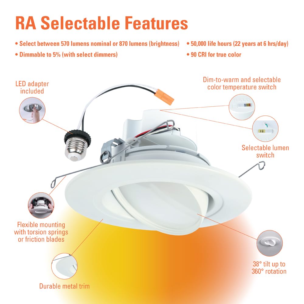 HALO RA 6-Inch Recessed LED Downlight, Adjustable Gimbal, Selectable Lumens & Color, Dim-to-Warm - RA56LS9FSD2W1EWH