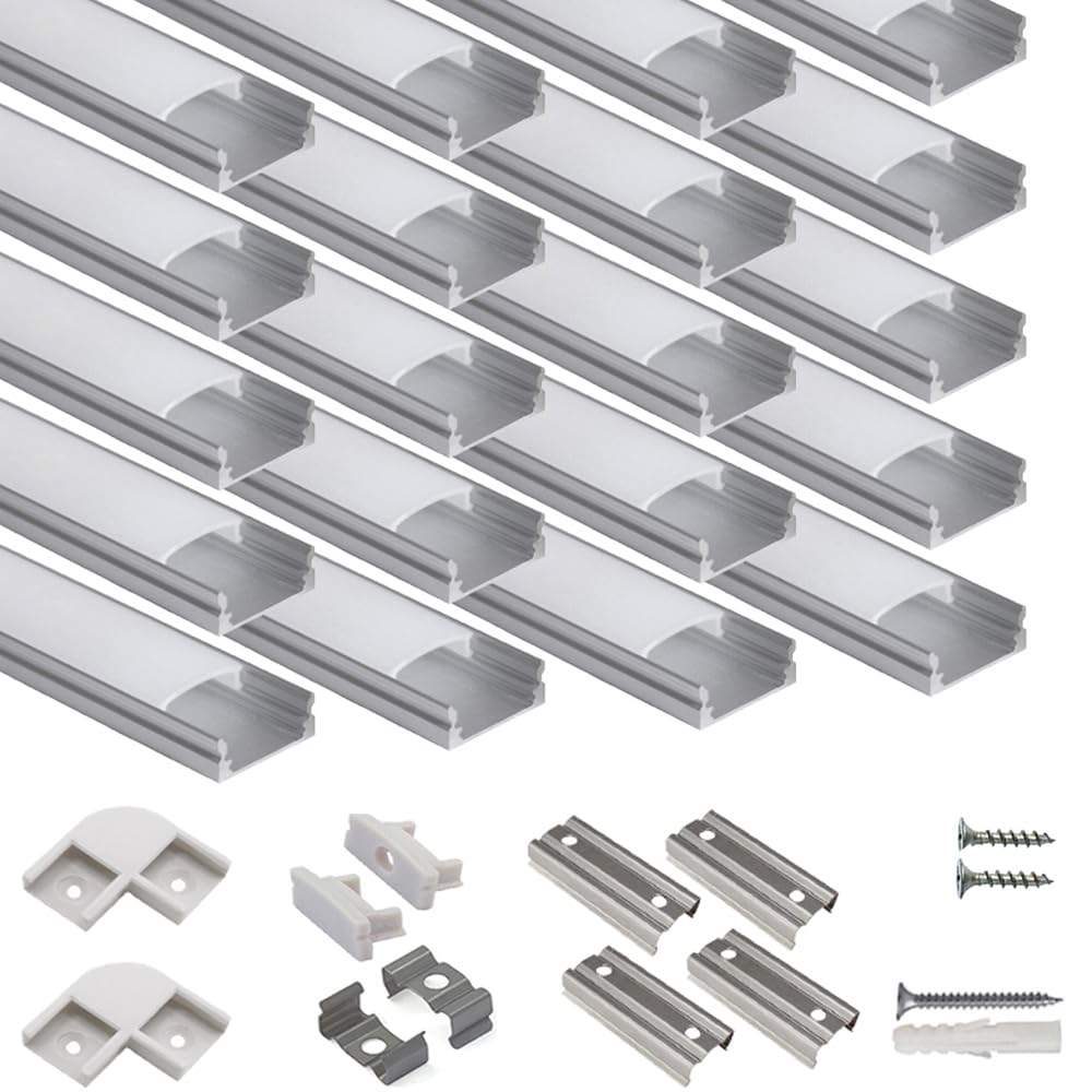 hunhun 20-Pack U Shape LED Aluminum Channel System, 3.3ft, Milky Cover, End Caps, Mounting Clips, Silver, Model CH-01-20