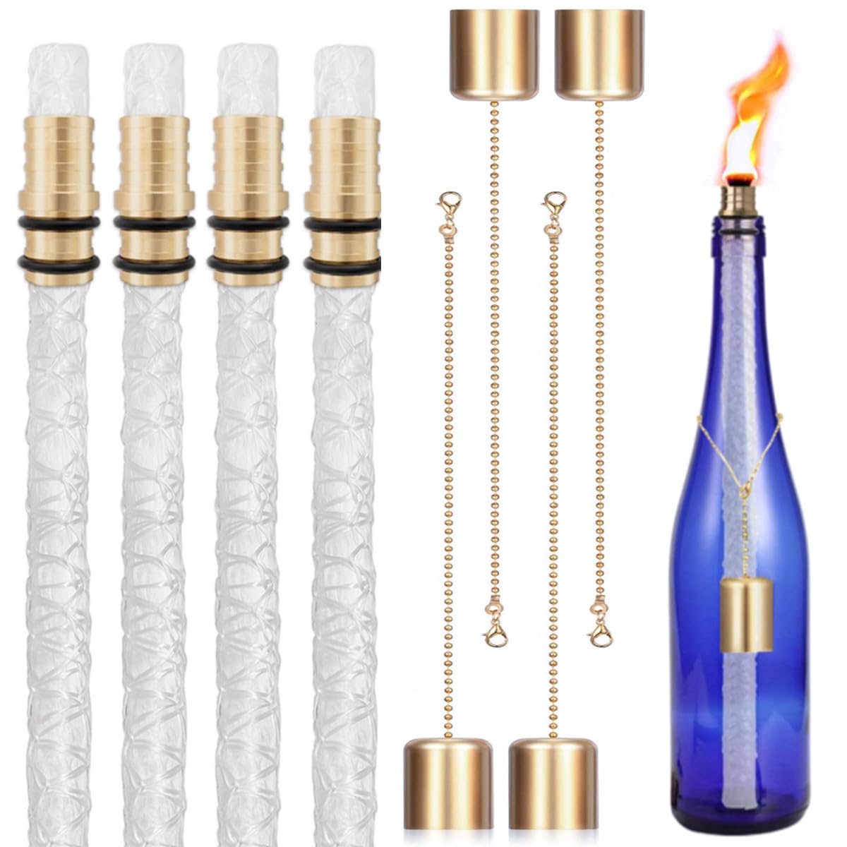 NCYOEW Wine Bottle Torch Kit, Long Life Torch Wicks for Tiki Torch with Brass Torch Wick Holders and Caps - Just Add Bottle for DIY Wine Bottle Outdoor Torch Decor (Golden)