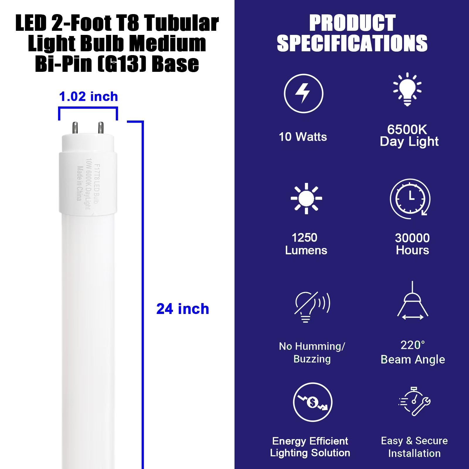 Type B F17T8 Led Replacement, 24 Inch Light Bulb 10W, 2Ft Tube, F20T12 Replacement For Cabinet, Store, Shop, G13 Base Double Sid