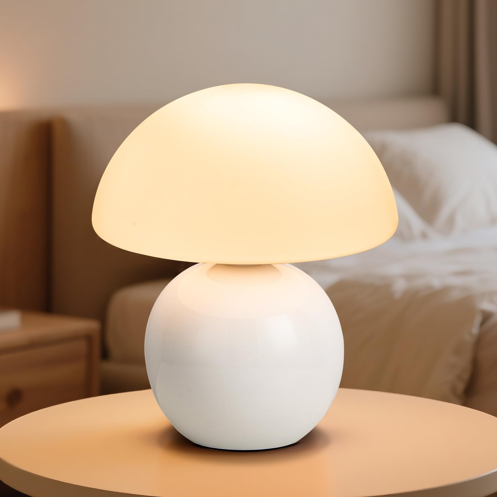 Adebime Mushroom Table Lamp  Ceramic Base With Milky White Glass Shade  Vintage Dimmable Bedside Nightstand Lamp For Bedroom  Reading  Home D?Cor  Gift For Friends White