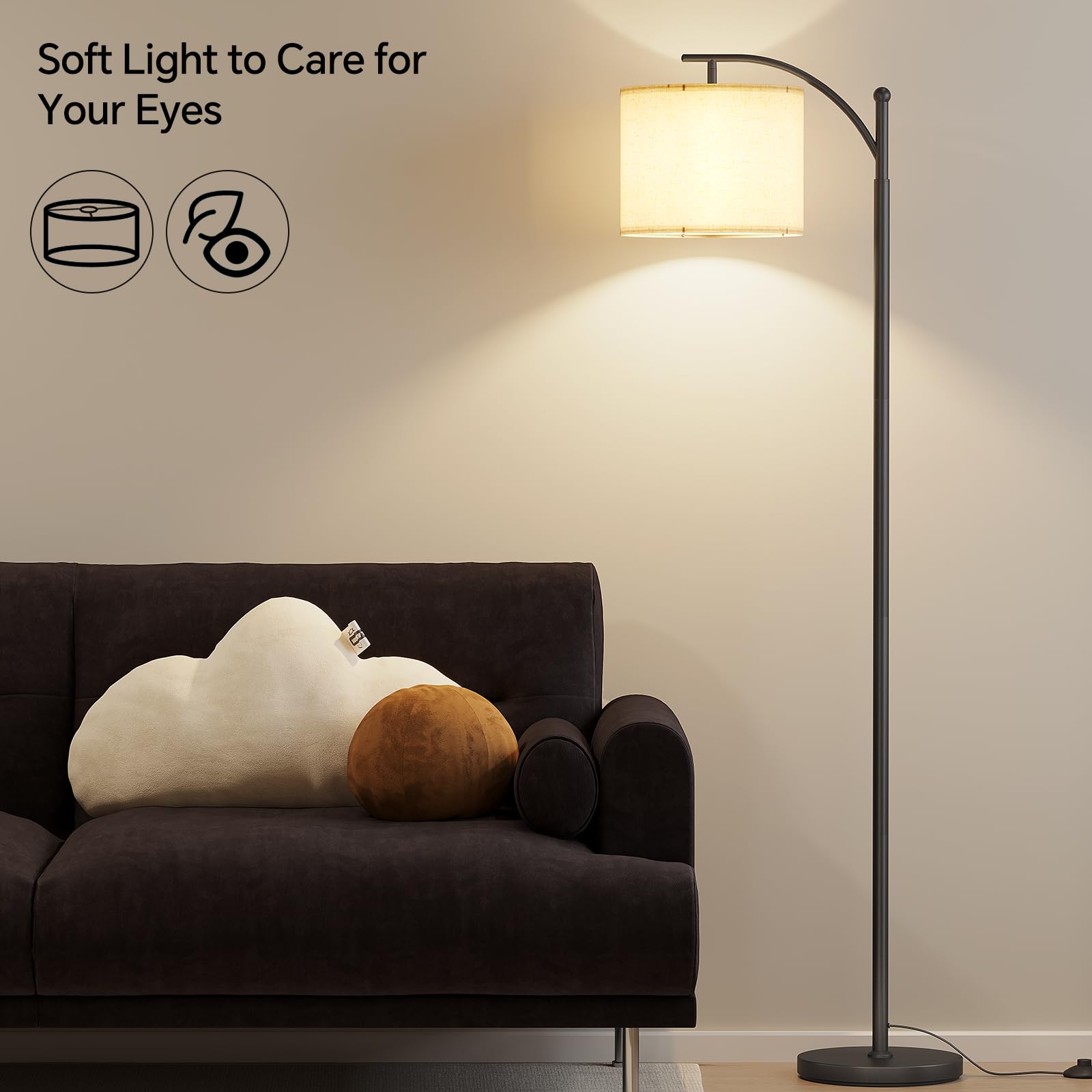 SUNMORY Arc Floor Lamp - Modern Metal Standing Lamp with 9W 3-Color Bulb, Adjustable Shade, Black, Model MF18166A