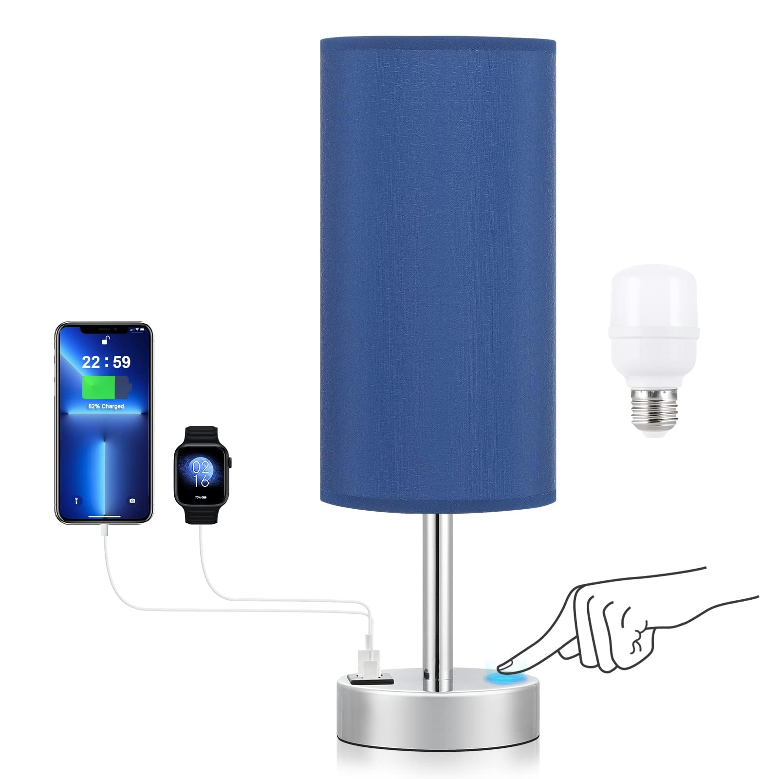 Navy Blue Touch Lamp for Boys - Small Nightstand Lamp with USB-C and USB Charging Ports, 3 Way Dimmable Bedside Table Lamp with 