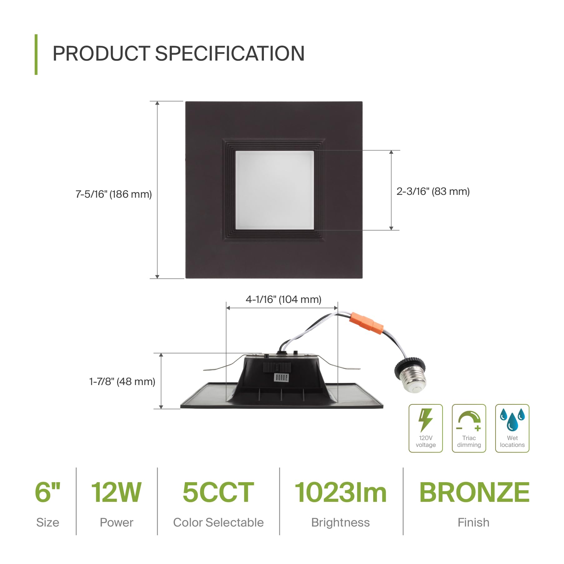 Asd Bronze 6 Inch Retrofit Led Square Recessed Lighting - 12W 1023Lm 2700/3000/3500/4000/5000K Selectable Dimmable Led Downlight  Wet Rated Cri90 Baffle Trim Square Can Lights  Ul 6 Pack