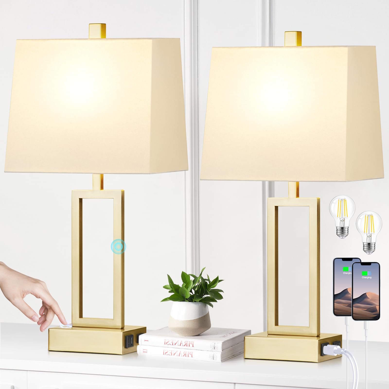 Rinweey Touch Control Table Lamps Set Of 2, Modern Gold Bedside Lamps With Usb A+C Ports & Ac Outlet, 3 Way Dimmable Contemporary Nightstand Lamps For Bedroom Living Room(Led Bulb Included)