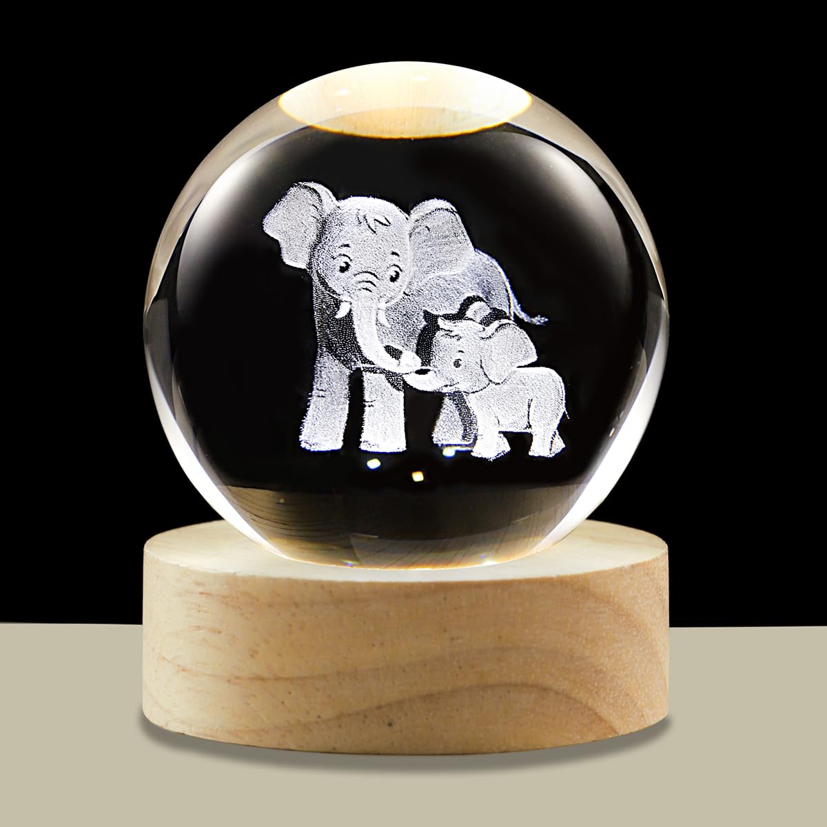 Hochance 3D Elephant Crystal Ball Lamp With Adjustable Brightness Led Wooden Base Night Light For Kids Teens mature-themeds Birthday Gift Home Desk Office Bedroom Decor (6Cm / 2.4 )