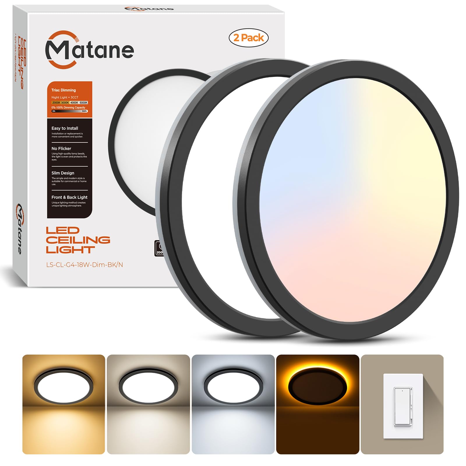 Matane 2Pack Dimmable Flush Mount Ceiling Light Fixture with Night Light  18W 3000K 4000K 5000K  LED Low Profile Ceiling Lights for Bedroom Hallway Kitchen  8.7inch Black Round