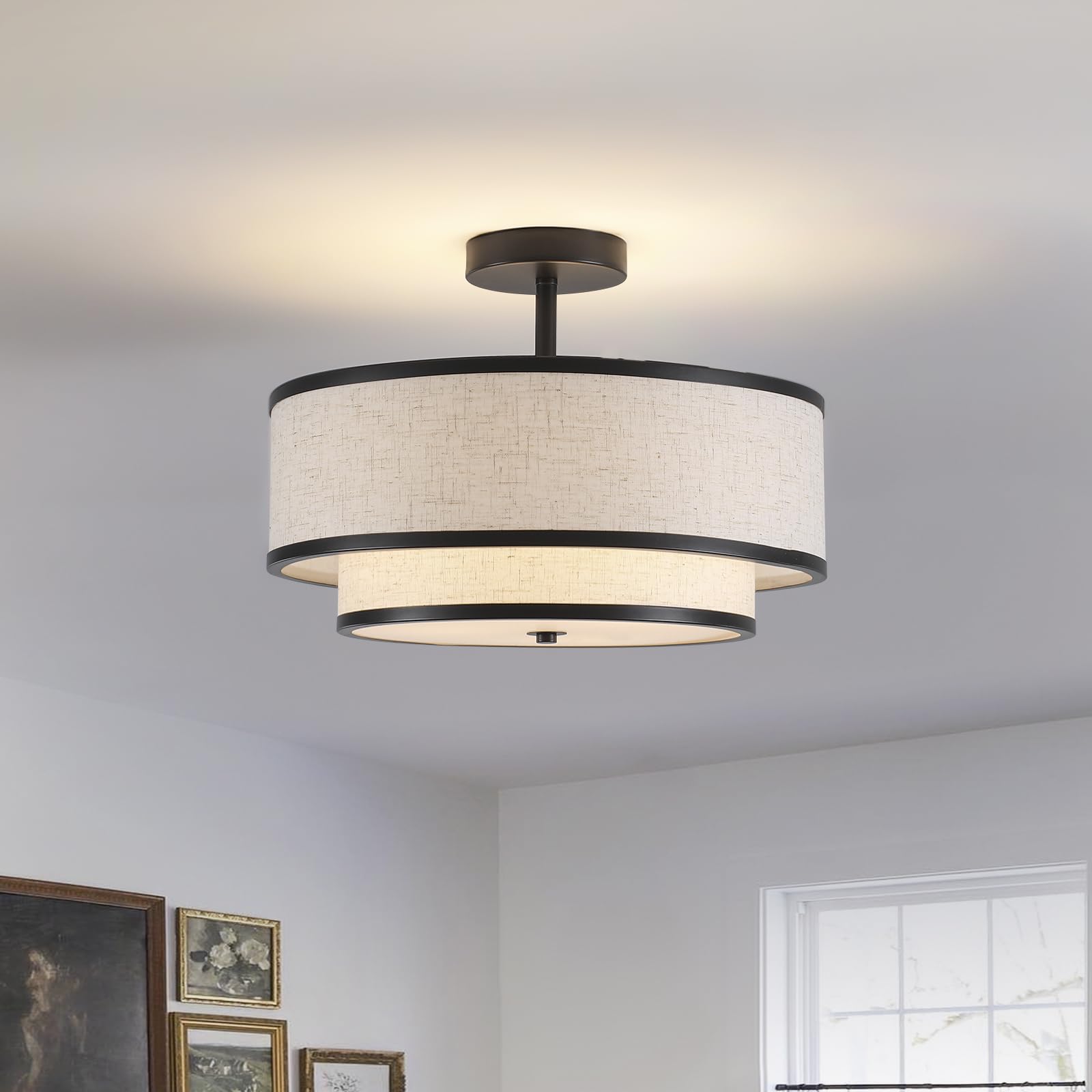 TGBFDWSE Farmhouse Close to Ceiling Light, 3-Light Flush Mount Ceiling Light Fixture with 2-Layer Fabric Shade, Modern Drum Ceil