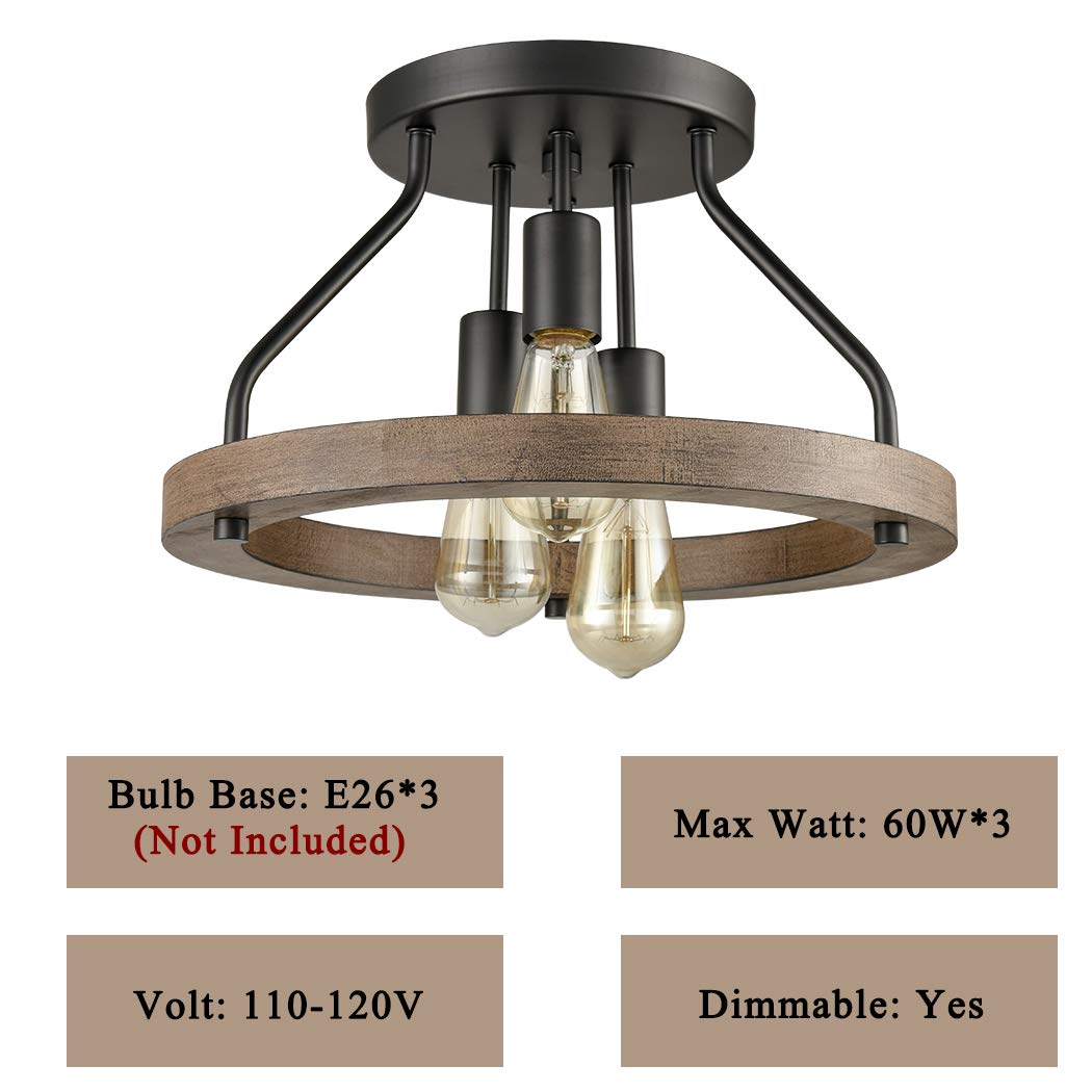 Claxy Farmhouse Flush Mount Ceiling Light Black Metal Lighting With Wood Grain Finish-3 Light