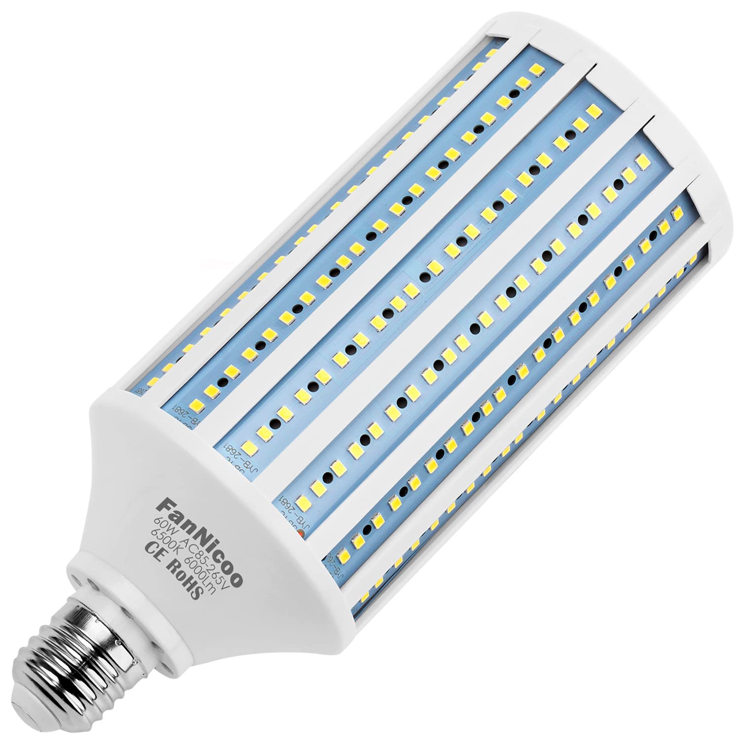 Fannicoo Led Corn Light Bulb 500W Equivalent 60W 6000Lumen 6500K E26/E27 Medium Base Led Light Bulb Cool Daylight White Corn Lam