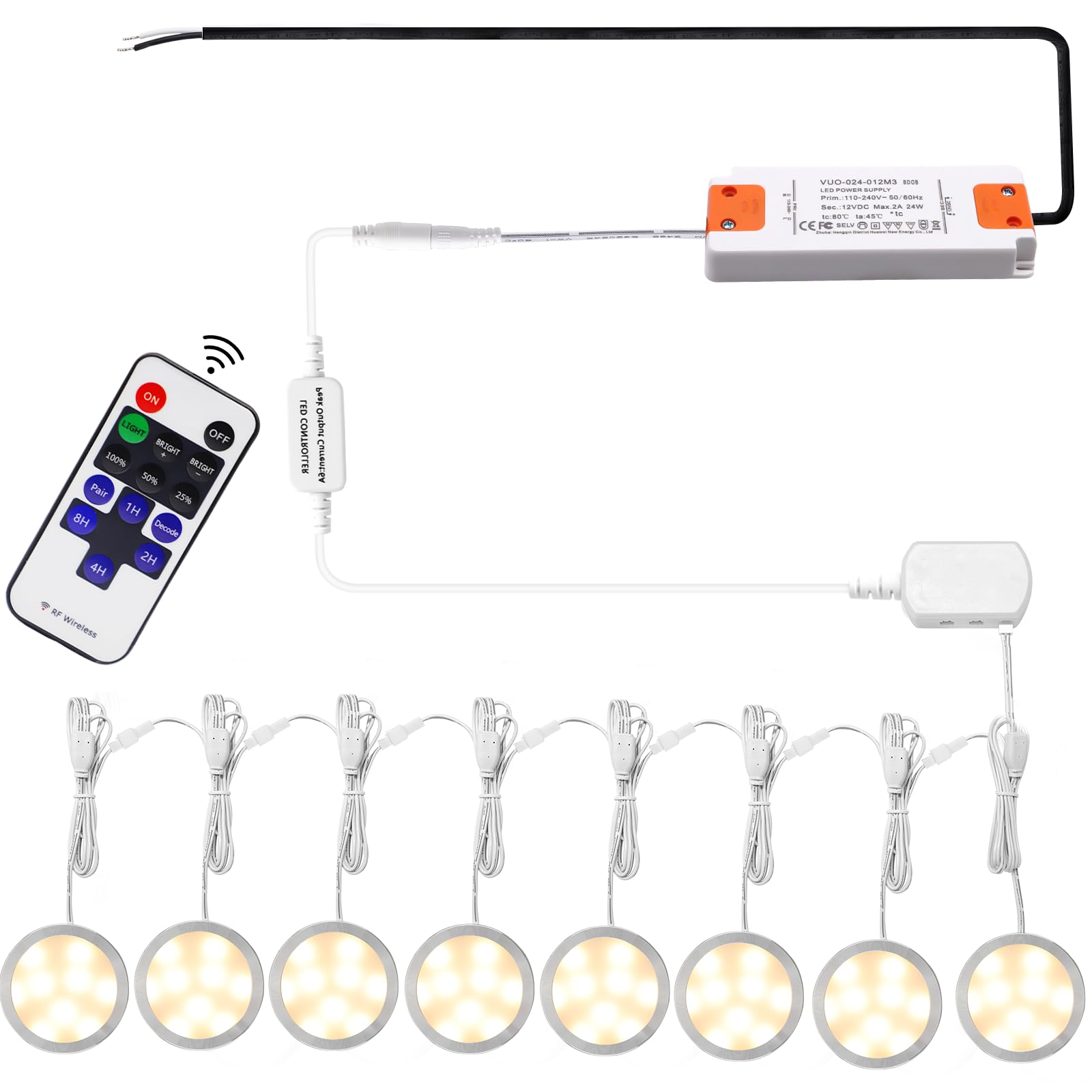 Aiboo Linkable Under Cabinet Led Lighting 12V Dimmable Puck Lights Hardwired With Wireless Rf Remote Control For Kitchen Mood Lighting(8 Lights, Warm White, No Wall Plug)