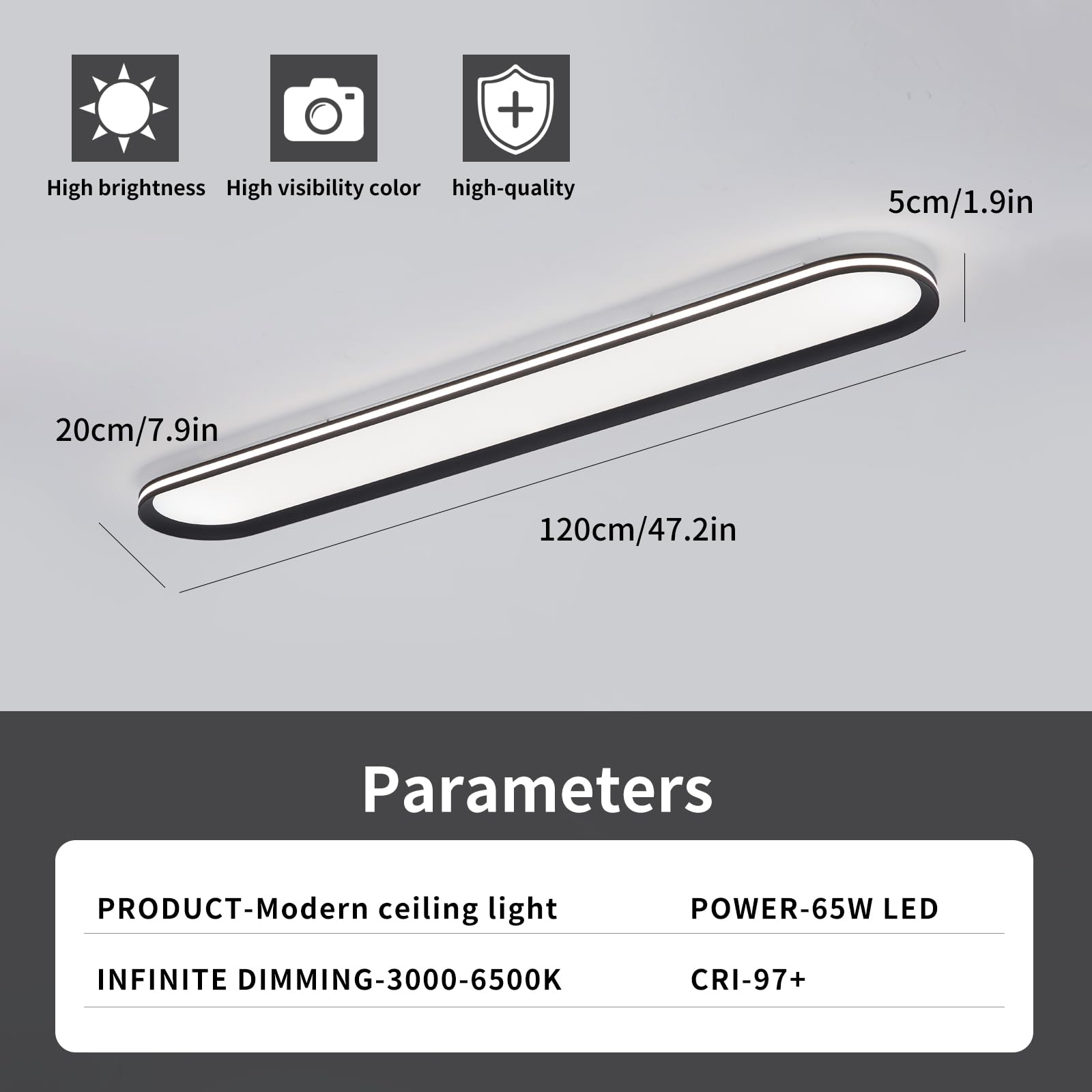 Naroume LED Ceiling Light 65W Dimmable Linear Fixture 47.1inx7.9in Black Aluminum Model Ra97+120-20-DIM