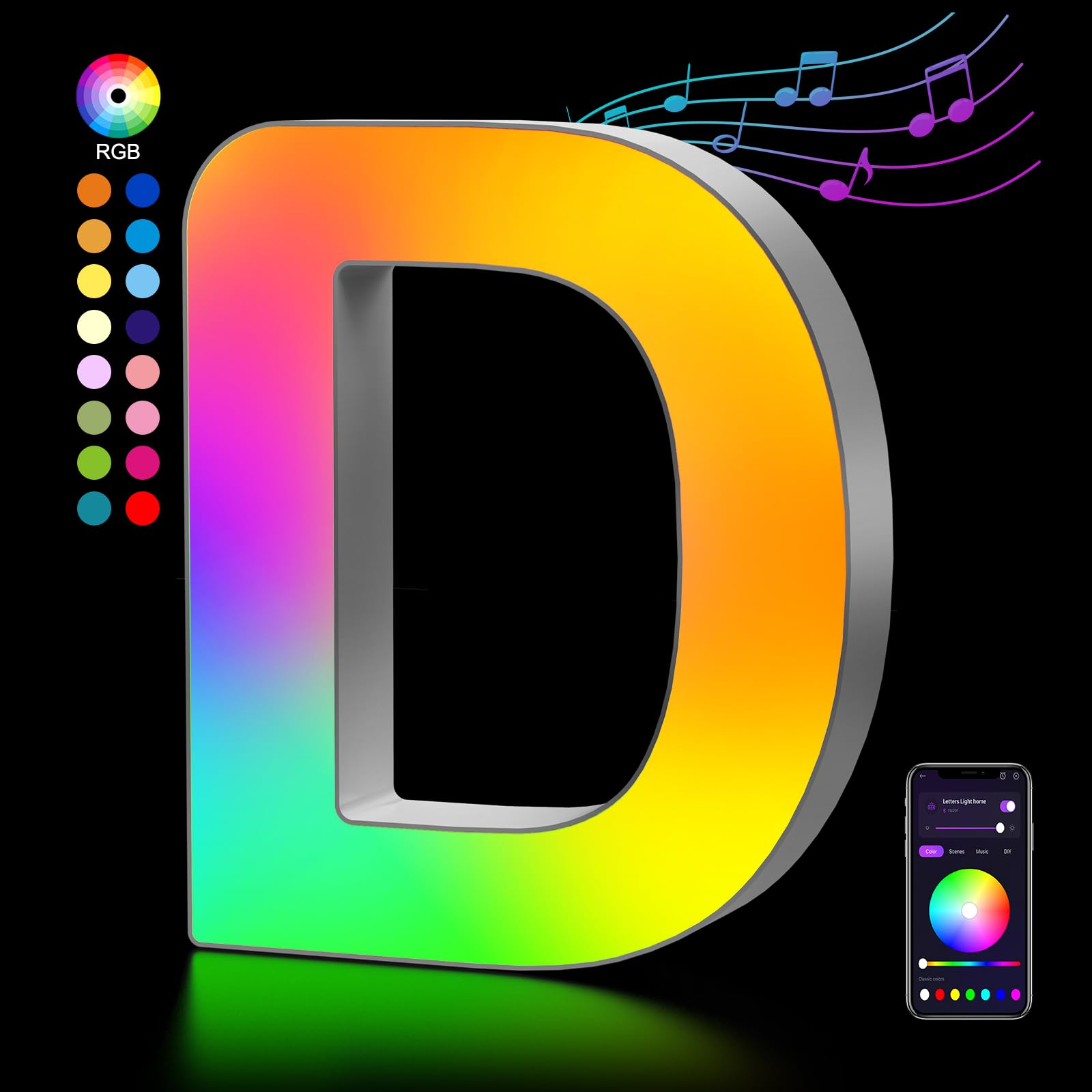 OJQ Light Up Letters LED - Colorful Alphabet Room Decor, Music Sync, Model A1, Plastic, D Color