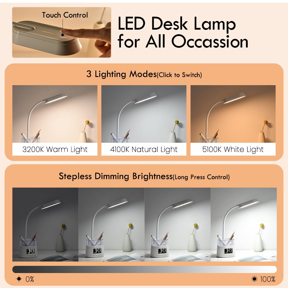 WILIT LED Desk Lamp with USB Charging Port & Clock, White, Model W49A, Pen Holder for Home Office, RGB Night Light for Kids & Students