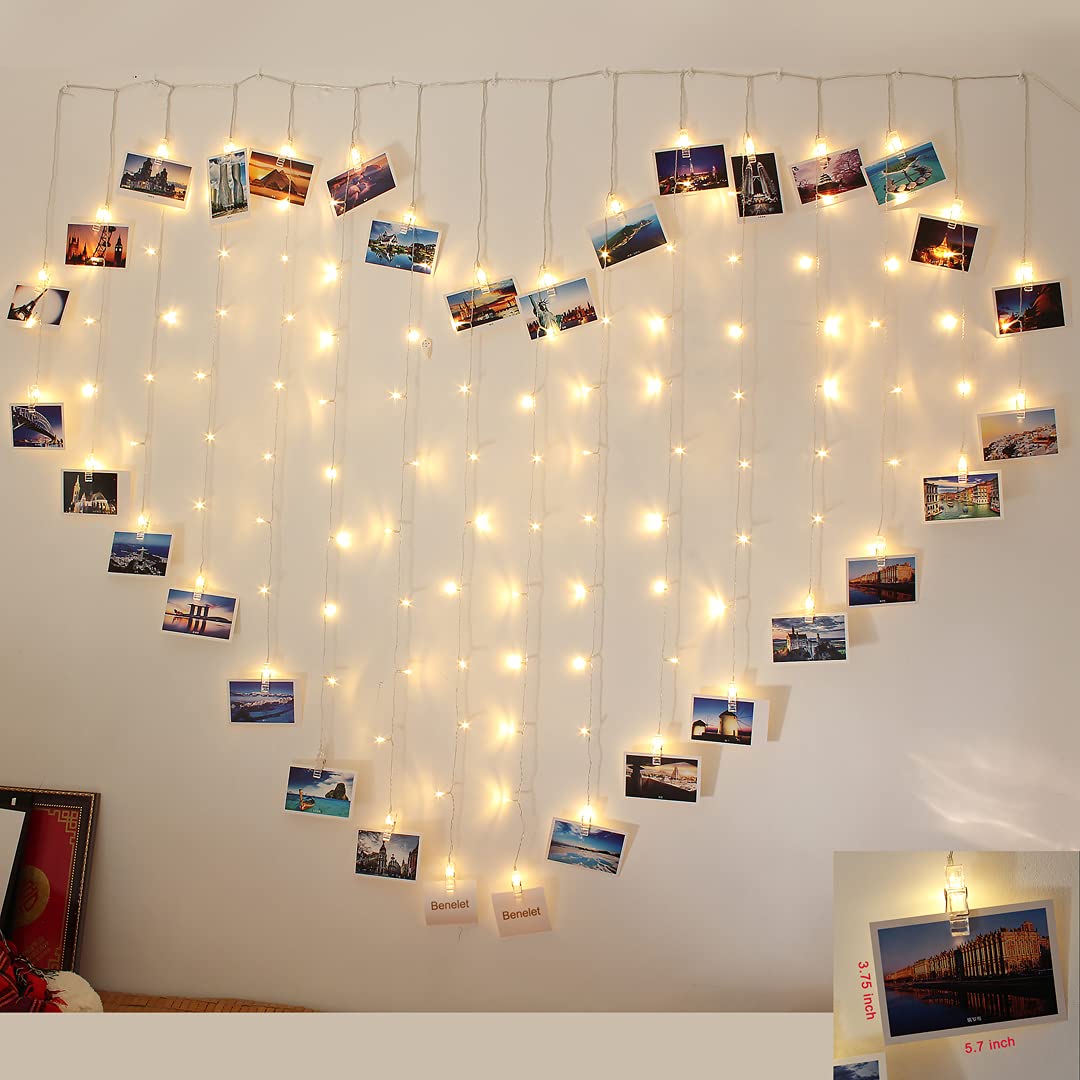 Benelet 124 Lights Heart Shape Picture Clip String Lights, Warm White, 32 Clips, Model 682559232097 - Perfect for Bedroom and Event Decor