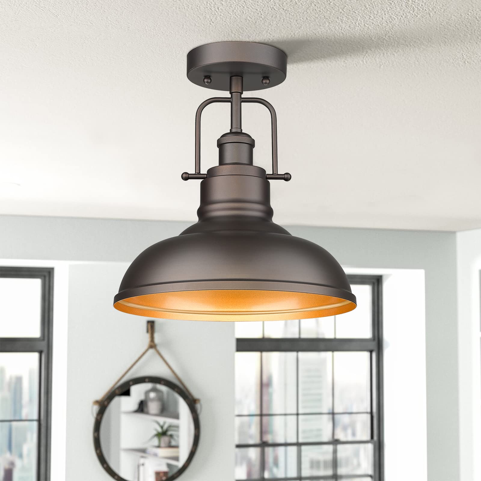Zeyu Farmhouse Semi Flush Mount Light Fixture, 11 Inch Industrial Ceiling Light Fixture For Indoor Outdoor, Oil Rubbed Bronze Fi