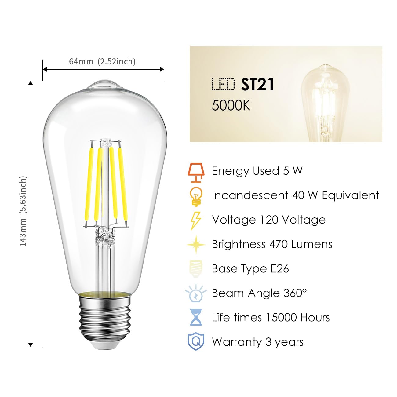 Lvwit St21 Led Edison Light Bulbs 5W(40W Equivalent) Dimmable 5000K Warm White Vintage Edison Light Bulb E26 Medium Base, Antiqu