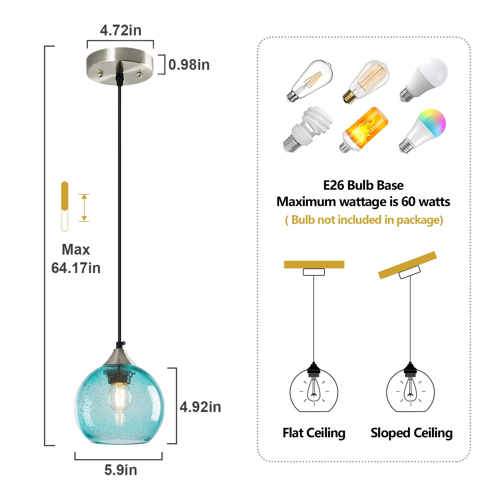 Lbsqj Light Blue Glass Pendant Lights Kitchen Island Globe Pendant Light Fixtures Modern Pendant Lighting For Bedroom Living Dining Room Light Fixture (5.9 In  1 Pack)