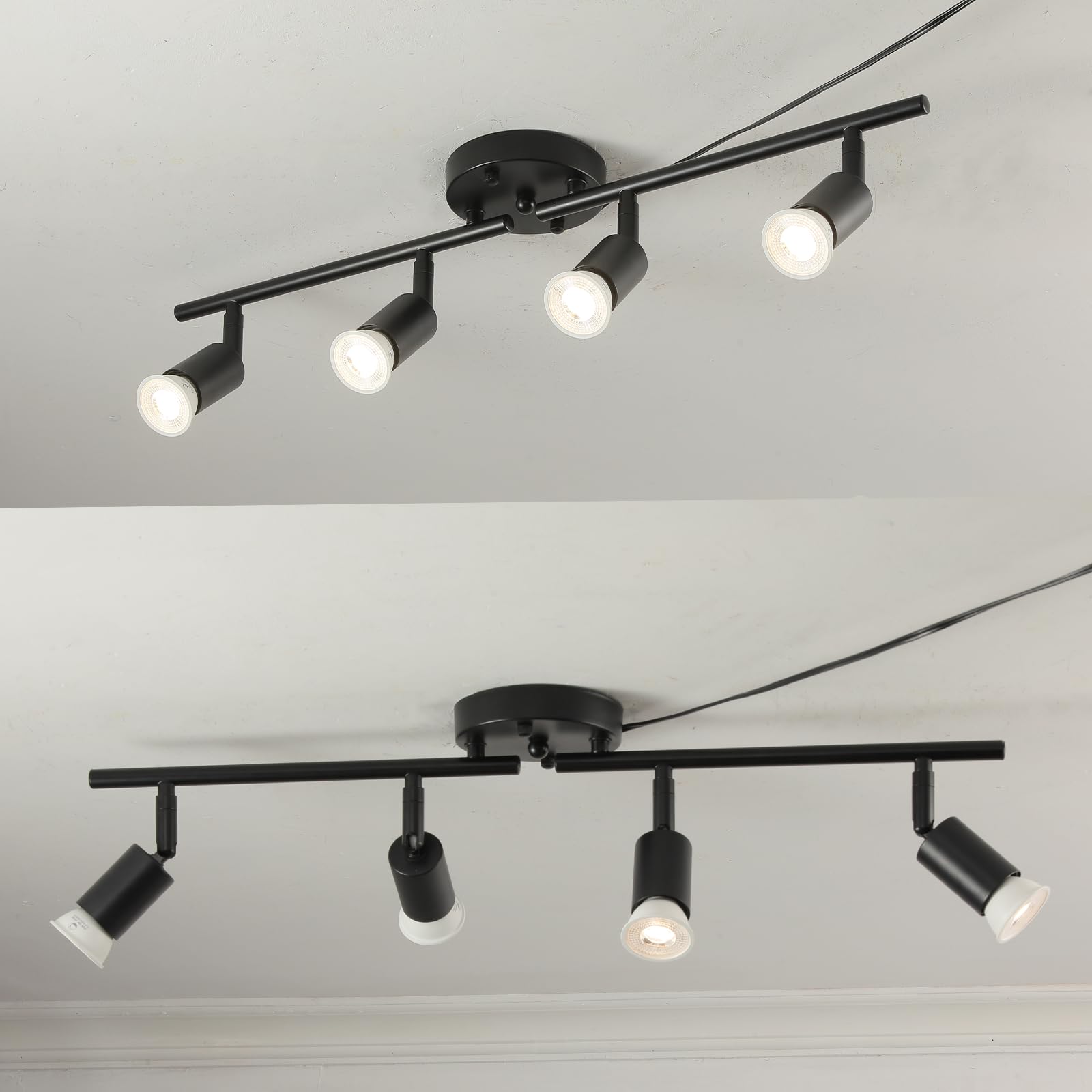 Vivihobb Dimmable Plug In Track Light Black 4 Light Plug In Ceiling Lighting Fixture With 16.4 Long Cord 4 Way Ceiling Spotlight Rotatable Wall Mount Light Head Led Dimmable Spot Bulbs Included