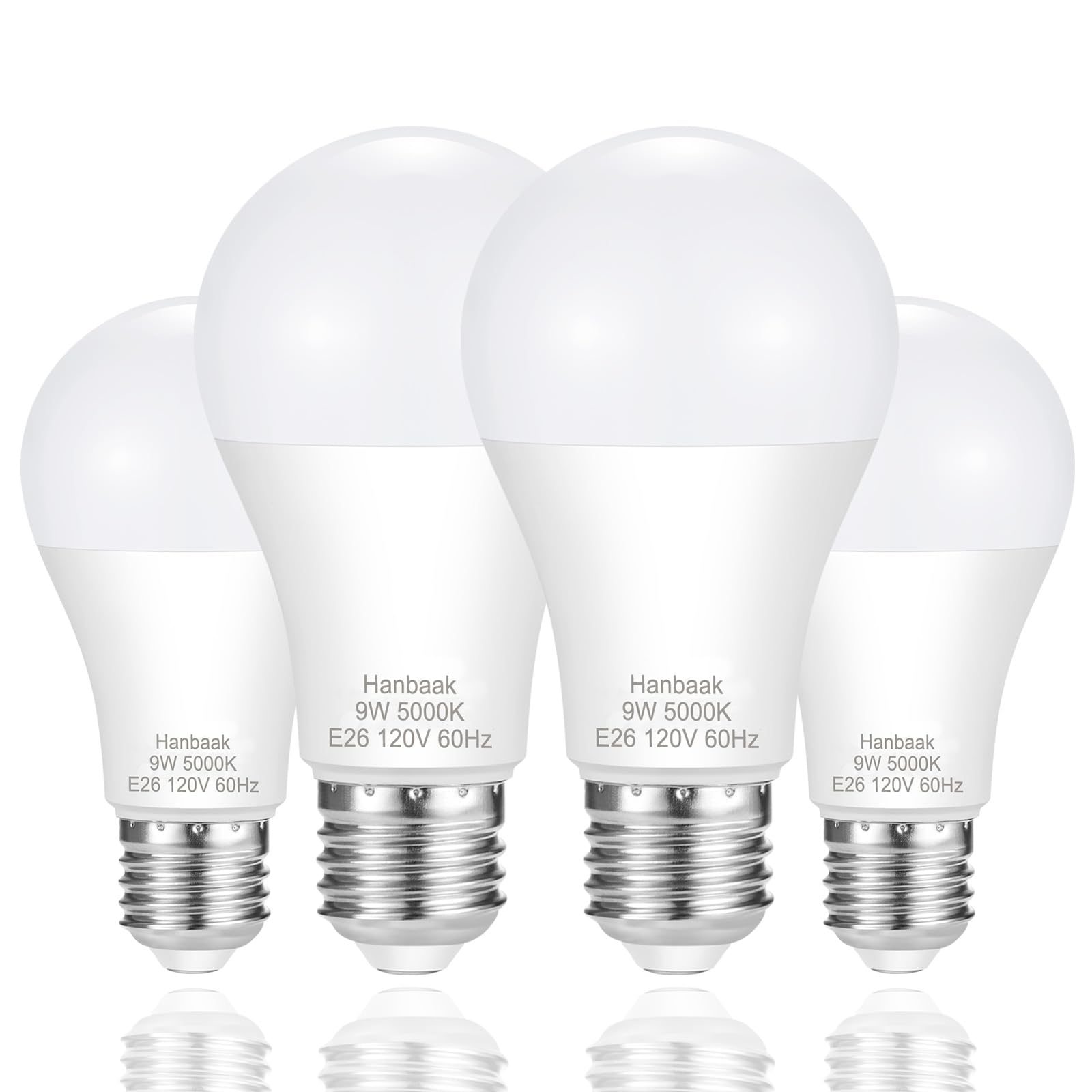 Hanbaak E26 Led Bulb, 60W Equivalent Light Bulb, 9W Medium Screw Base Bulb, Non-Dimmable, Daylight White 5000K 4 Packs