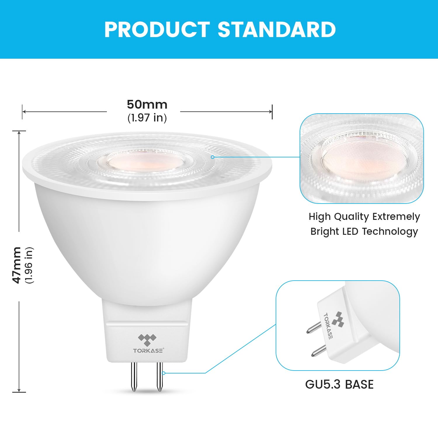 Torkase MR16 LED Bulb 5W GU5.3 Base 10 Pack 5000K Daylight White Dimmable UL Listed