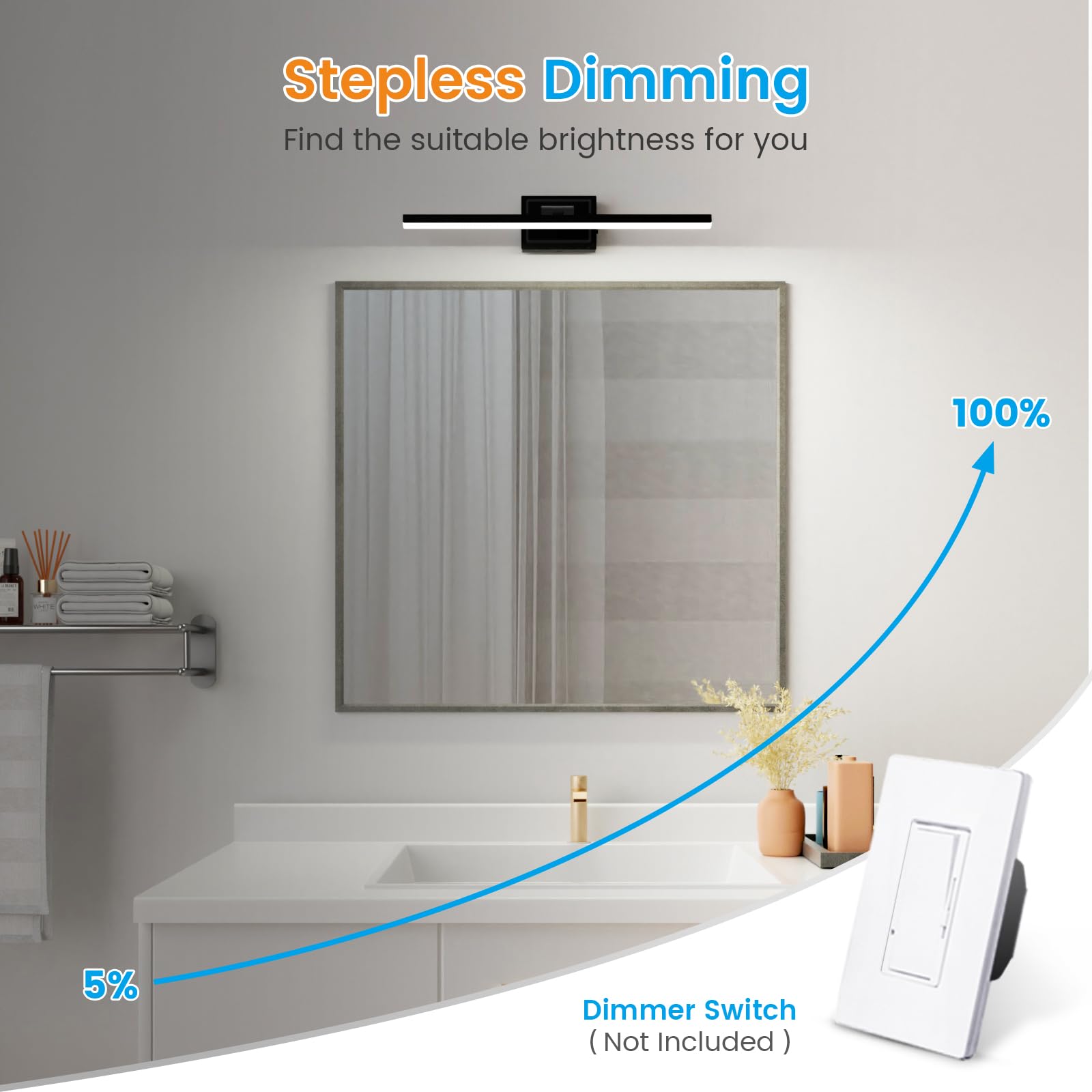 VOLISUN 24" Modern Bathroom Vanity Light, 14W Dimmable LED, Rotatable, Black, ETL Certified, Model 21316ZM