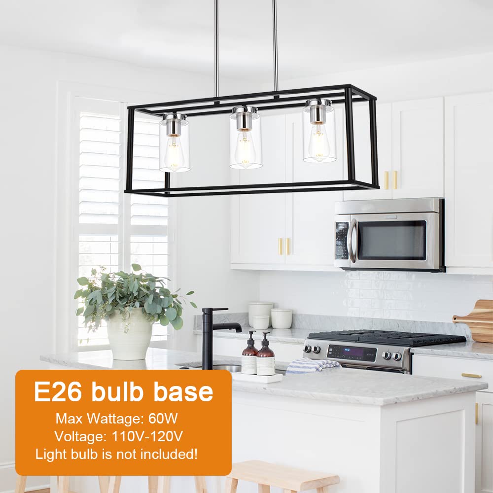 VINLUZ 3 Light Adjustable Pendant Lighting, Black and Chrome, Metal with Clear Glass Shades, Model dc783440
