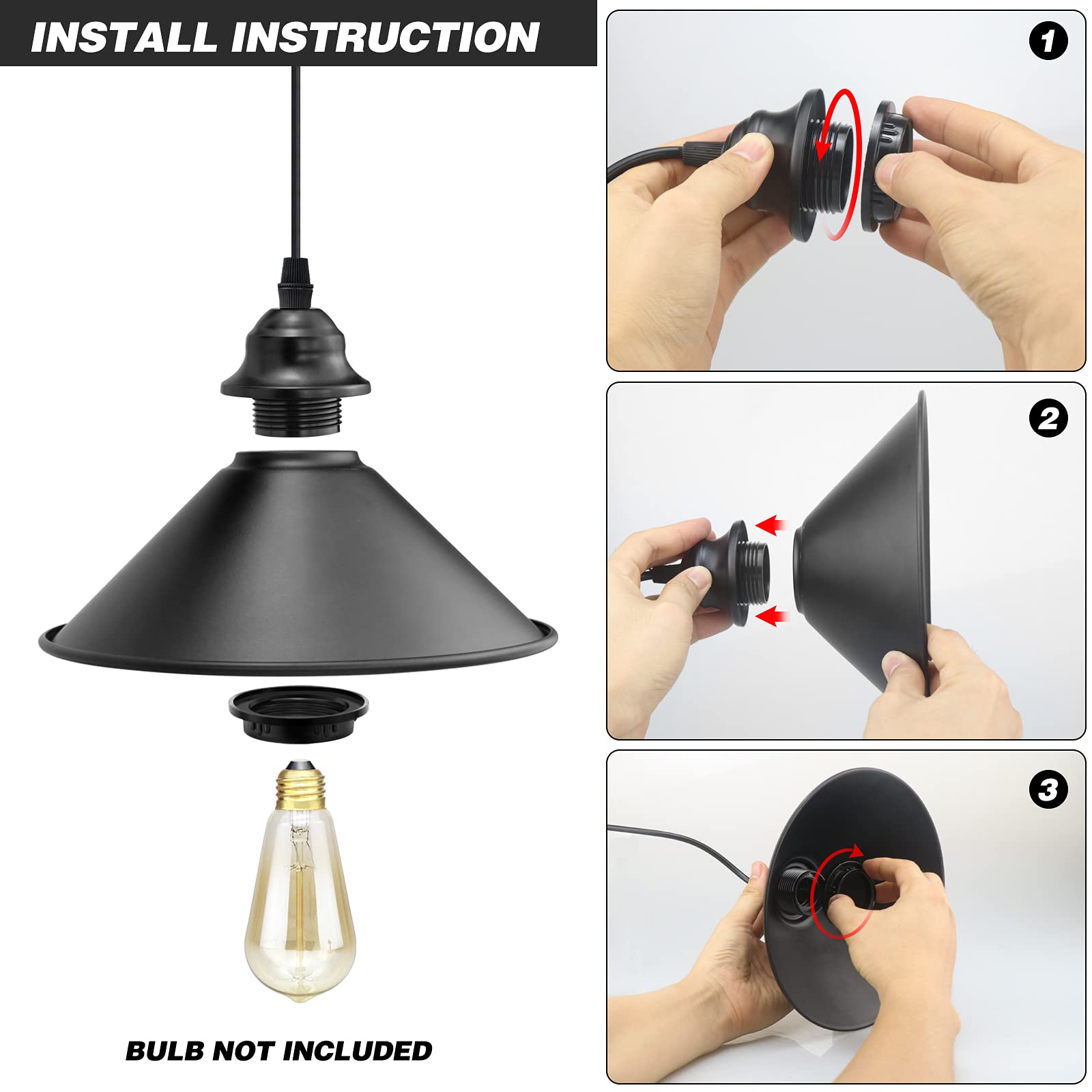 Lyoowng Industrial Black Plug-In Pendant Light With On/Off Switch, Vintage Hanging Fixture