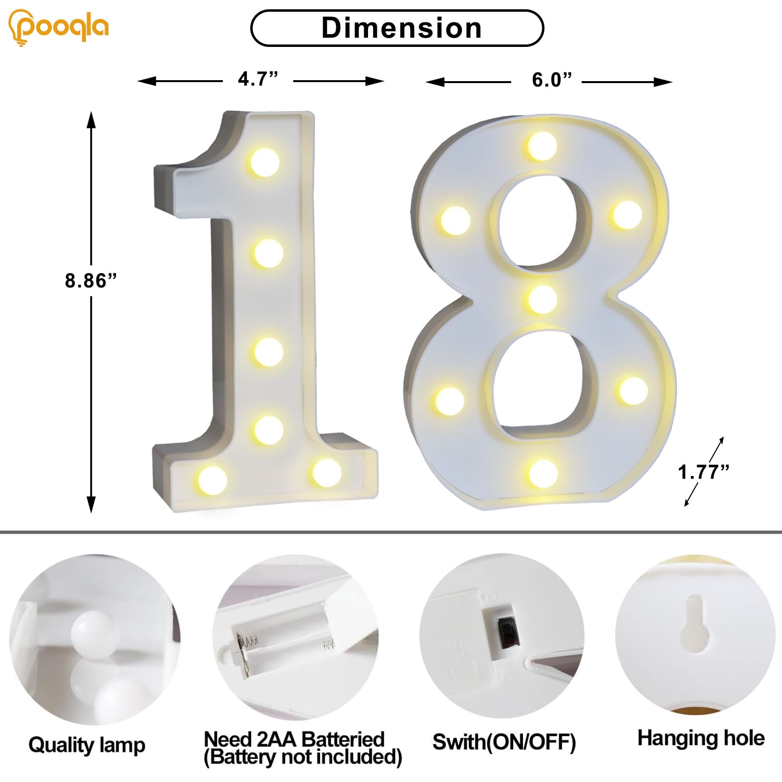 Pooqla Decorative Led Light Up Number Letters, White Plastic Marquee Number Lights Sign For 18Th Birthday Party Wedding Decor Battery Operated Number (18)