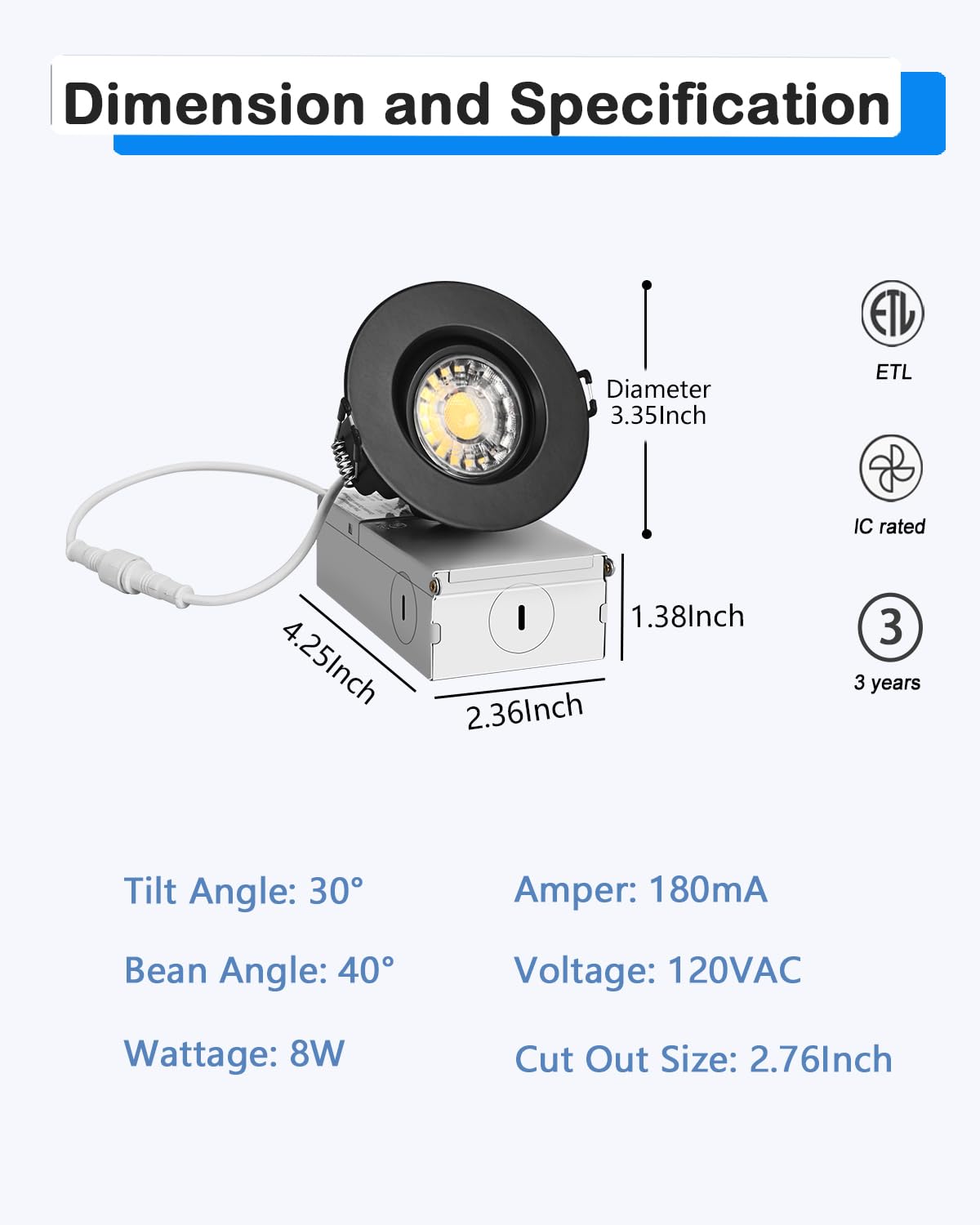 ZYC 3 Inch Recessed LED Lights, 4 Pack Black Gimbal Lighting, ETL Listed, 5CCT Downlight, Aluminum, Model G-BW-3R