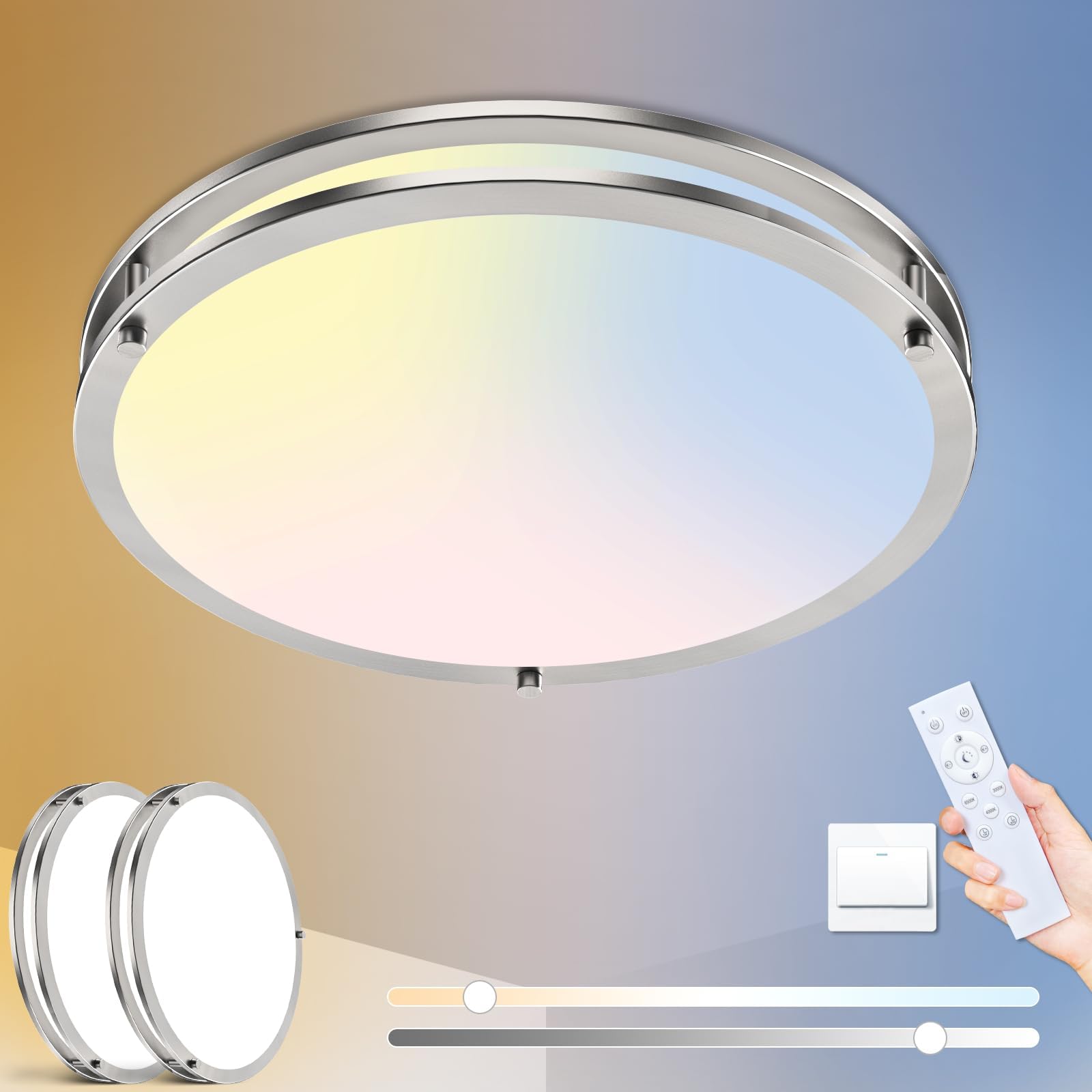 Libtit 2Pack 13 Inch Flush Mount Ceiling Lights With Remote, 24W Dimmable Led Ceiling Light With Nightlight And Timer, 3000K-650