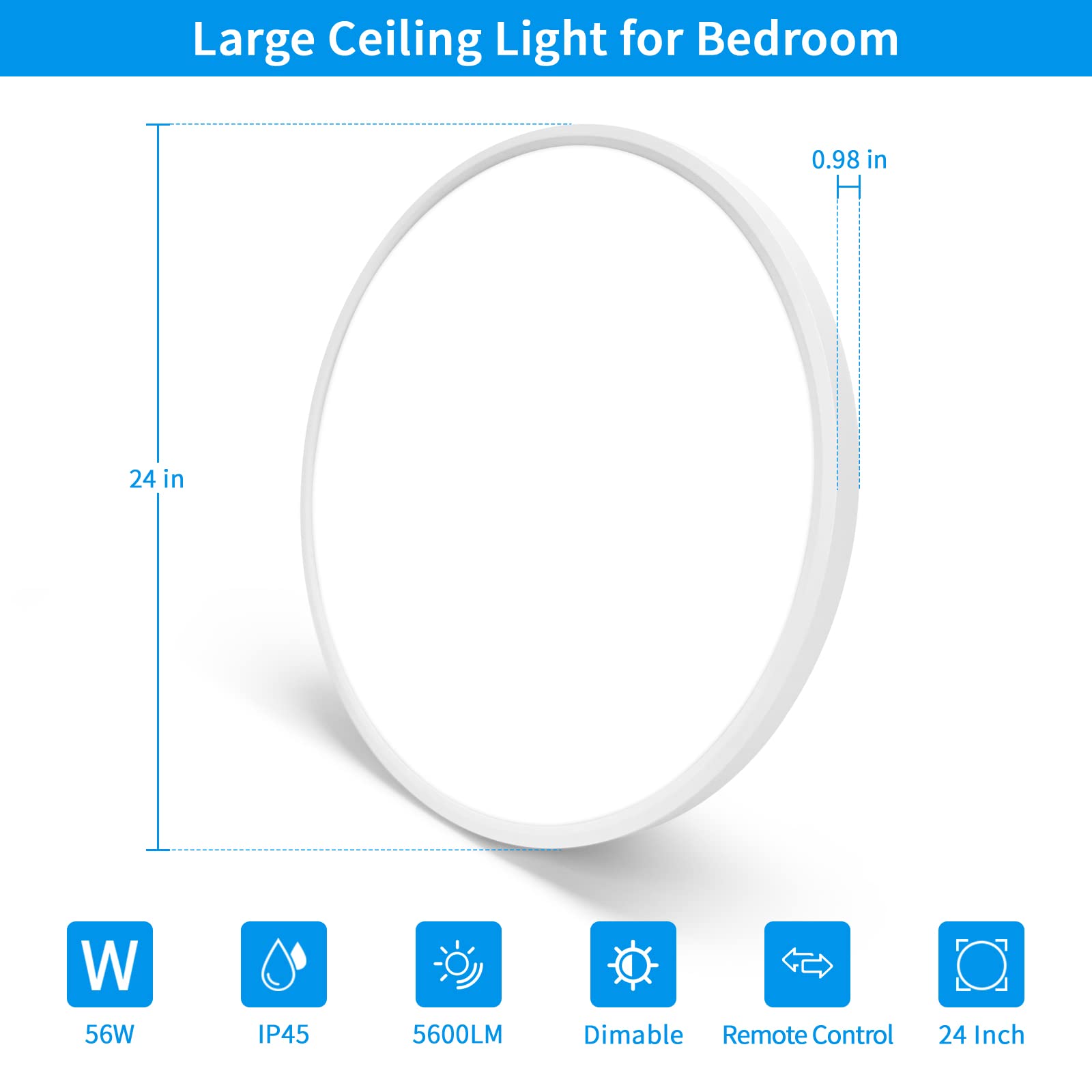 HOVENLA 24 Inch Dimmable LED Flush Mount Ceiling Light, 56W, 5600lm, White, Adjustable 3000K/4500K/6000K,