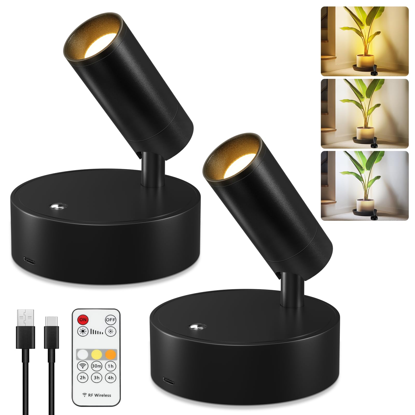Kimjo Wireless Led Spotlight  Spot Lights Indoor  Uplighting Indoor With Timer And Dimmable  Rechargeable Wall Lights Picture Light Accent Lighting For Plants (2 Pack)