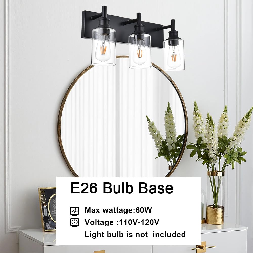 Wanluce 3 Light Bathroom Vanity Lights, Black Iron Fixtures with Clear Glass Shades, Model 16-16111-3W-BL