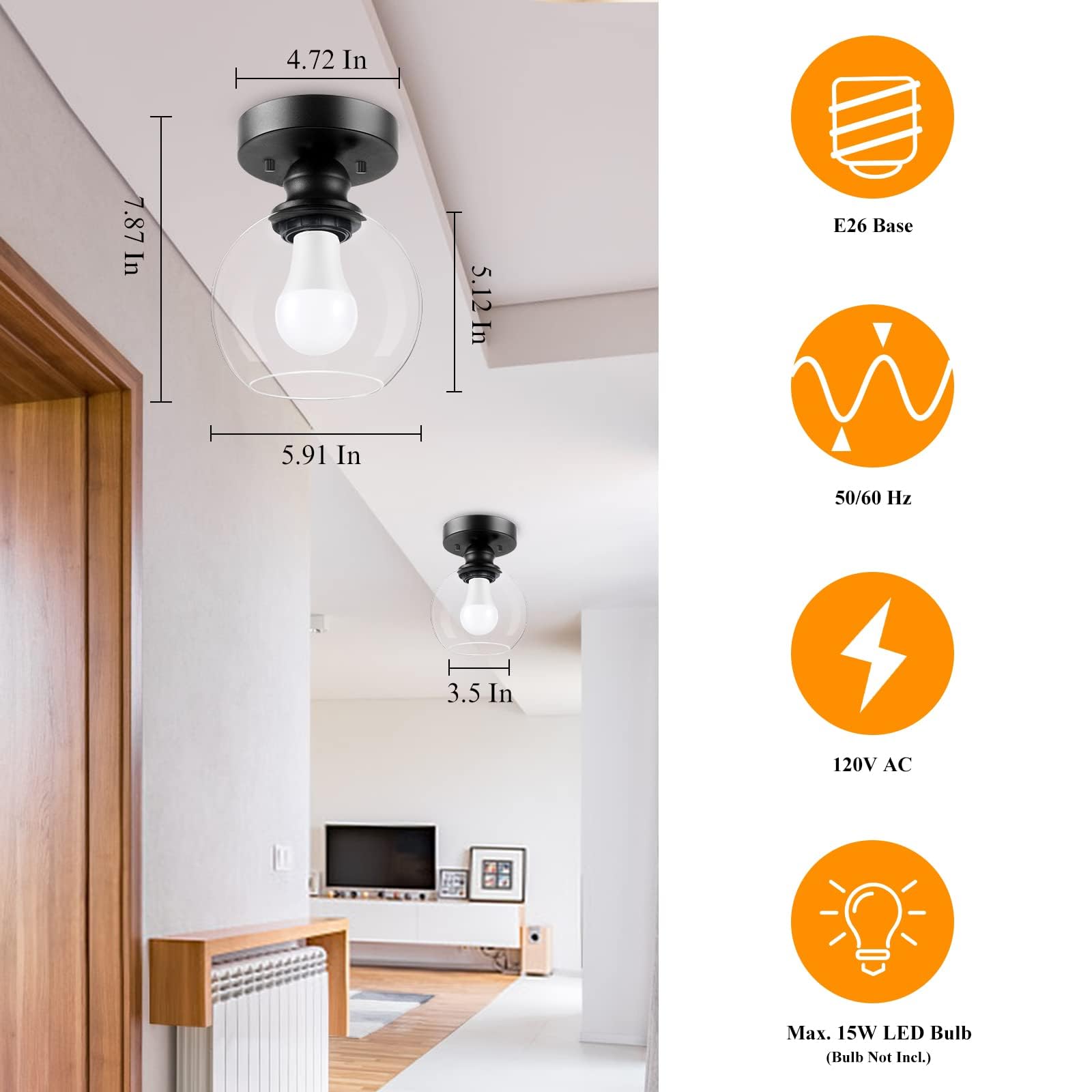 Boostarea Industrial Semi Flush Mount Ceiling Light, Vintage Hanging Ceiling Lamp With Clear Glass Shade, Farmhouse Light Fixtur