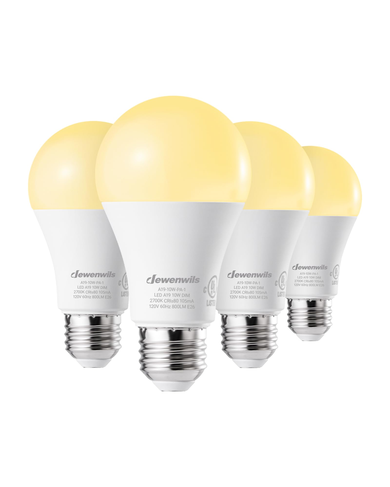 Dewenwils 4-Pack Dimmable Led A19 Light Bulb, Soft White Light With Warm Glow, 800 Lumen, 2700K, 10W (60 Watt Equivalent), E26 Medium Screw Base, Ul Listed