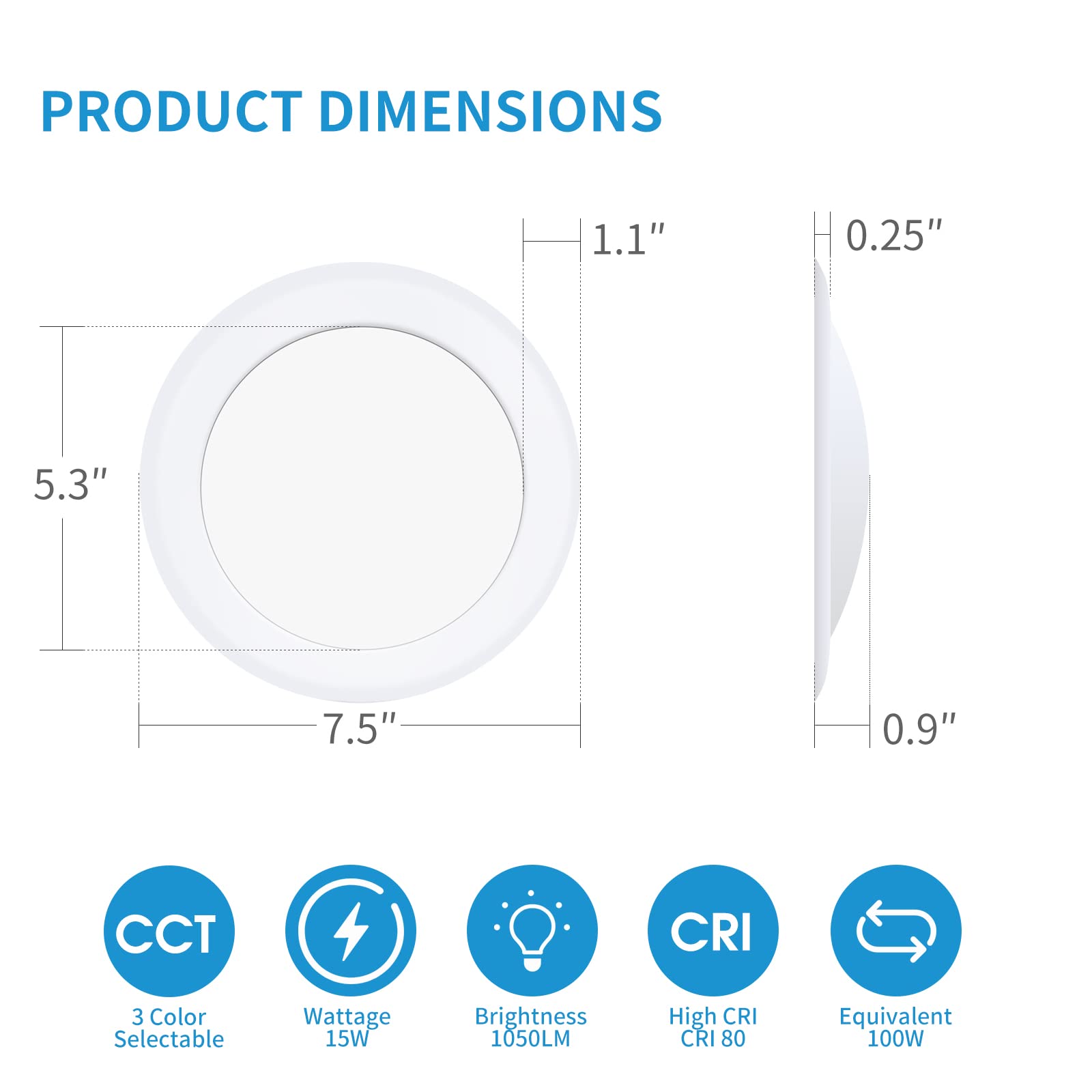 ECOELER 6-Inch Dimmable LED Disk Light, 15W, 1000lm, 3000K/4000K/5000K Selectable, Aluminum,