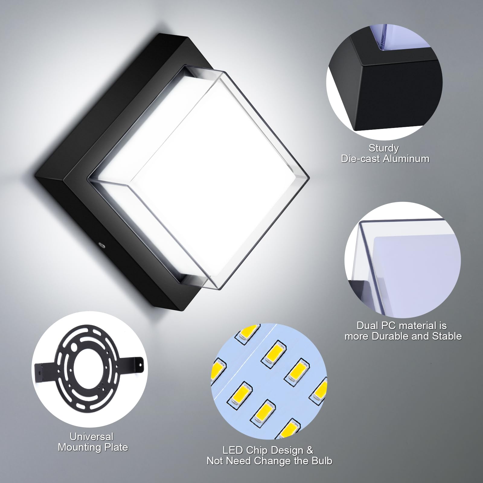 Tomourd Exterior Wall Lights  Modern Waterproof Outdoor Wall Mount Lighting  Black Square Small Led Porch Light With Anti-Rust 6000K Daylight 12W For Garage  Entryway House