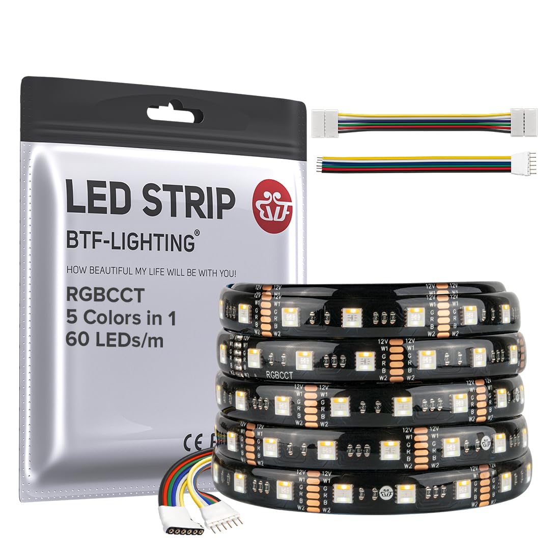 BTF-LIGHTING RGBWW LED Strip Light, 300 LEDs, IP65, Dimmable, 16.4ft, 2700K-6500K, Black PCB, Model