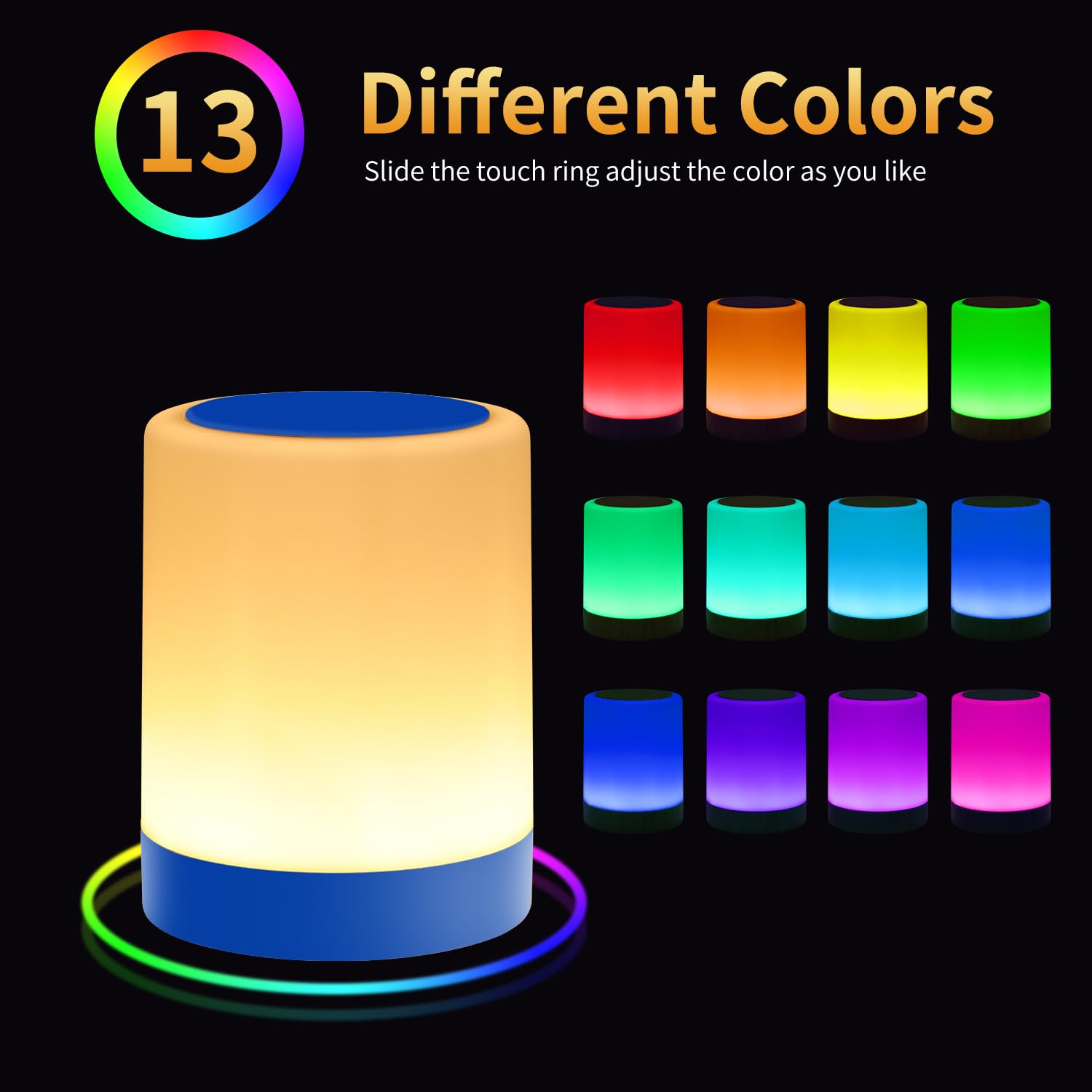 OORUN Touch Bedside Table Lamp, USB Rechargeable, Remote Control, 13 RGB Colors, 5 Brightness Levels, 3.74inD x 3.74inW x 4