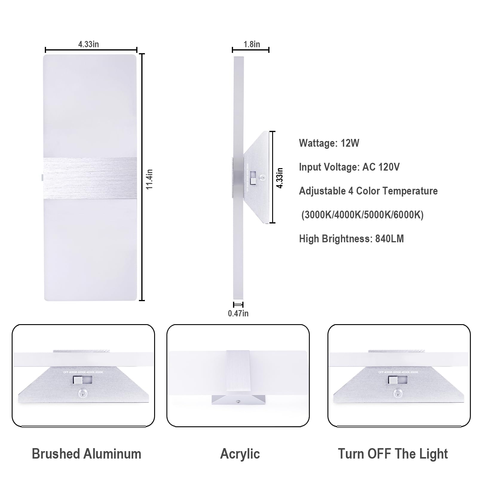 TRLIFE Dimmable LED Wall Sconces, 12W Modern Wall Light Set of 2, Silver Brushed Aluminum, 4 Color Temperatures, Model YKL-MCT-Sil