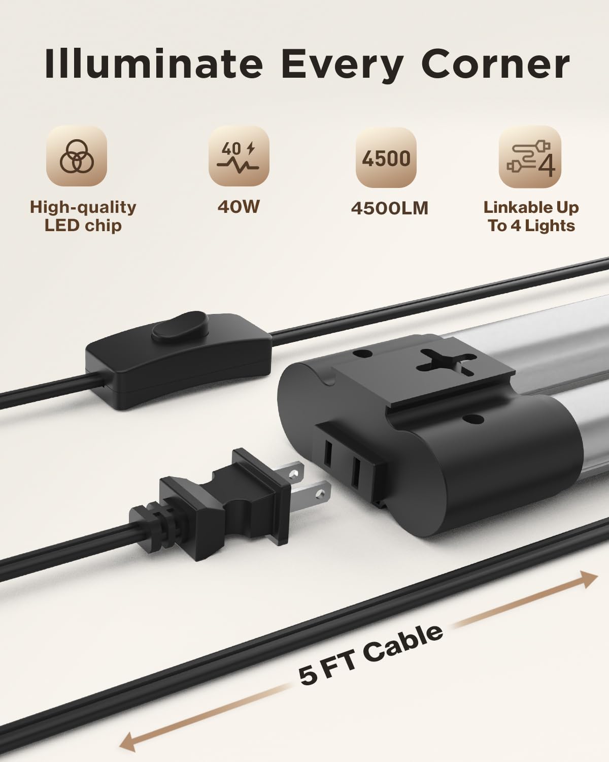 Sunco 8 Pack Linkable Led Utility Shop Light, 4500 Lm, 6000K Daylight Deluxe, 4 Ft, 48 Inch Integrated Fixture For Garage, 40W E