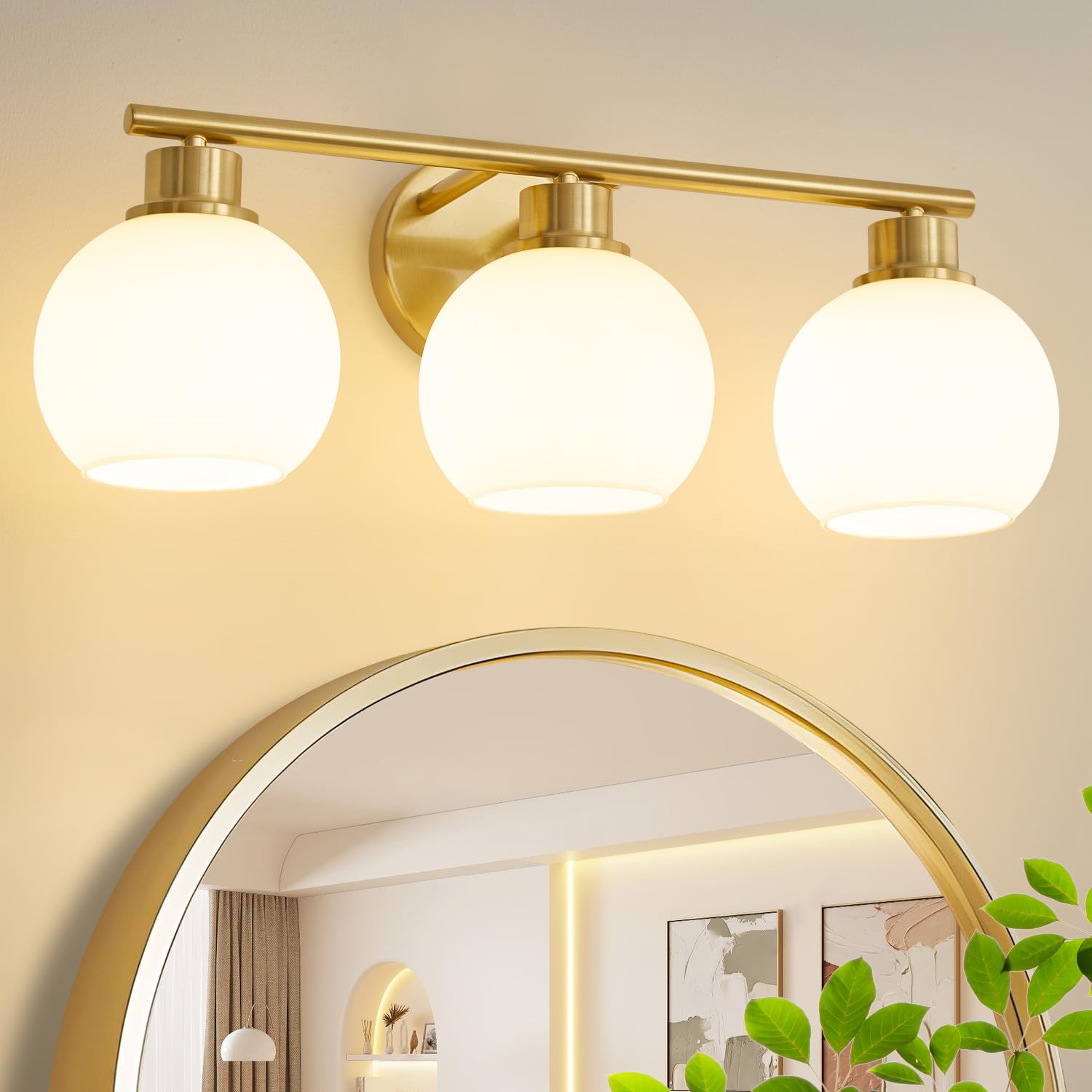 Lanmate Bathroom Vanity Light Fixture 3-Light Milk White Shade 21.65 inch Brass Gold Mid Century Wall Sconce