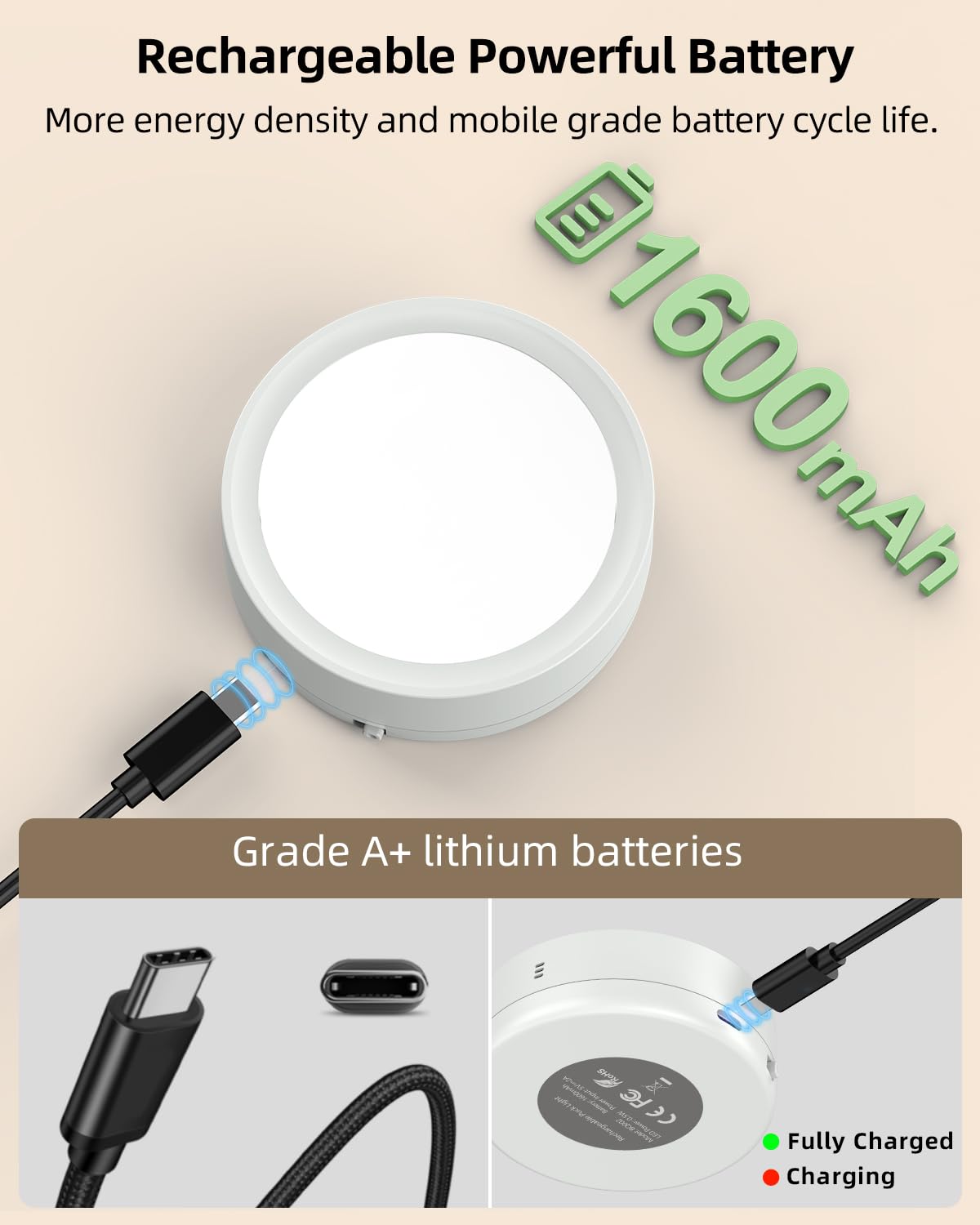 Tedmos USB Rechargeable LED Puck Lights, 4 Pack, 1600mAh Battery, Remote Control, 3000K/4000K/5000K, Model TD-UCL