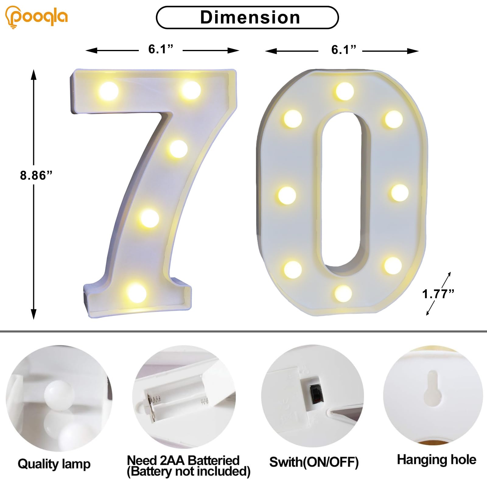 Pooqla Decorative Led Light Up Number Letters, White Plastic Marquee Number Lights Sign For 70Th Birthday Party Wedding Decor Battery Operated Number (70)