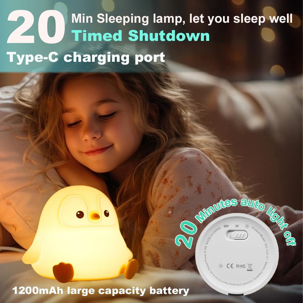 KangTen CHEN Cute Penguin Night Light, USB Rechargeable Silicone Lamp, Gray, Model DS-PG-02, Touch Control for Kids Bedroom