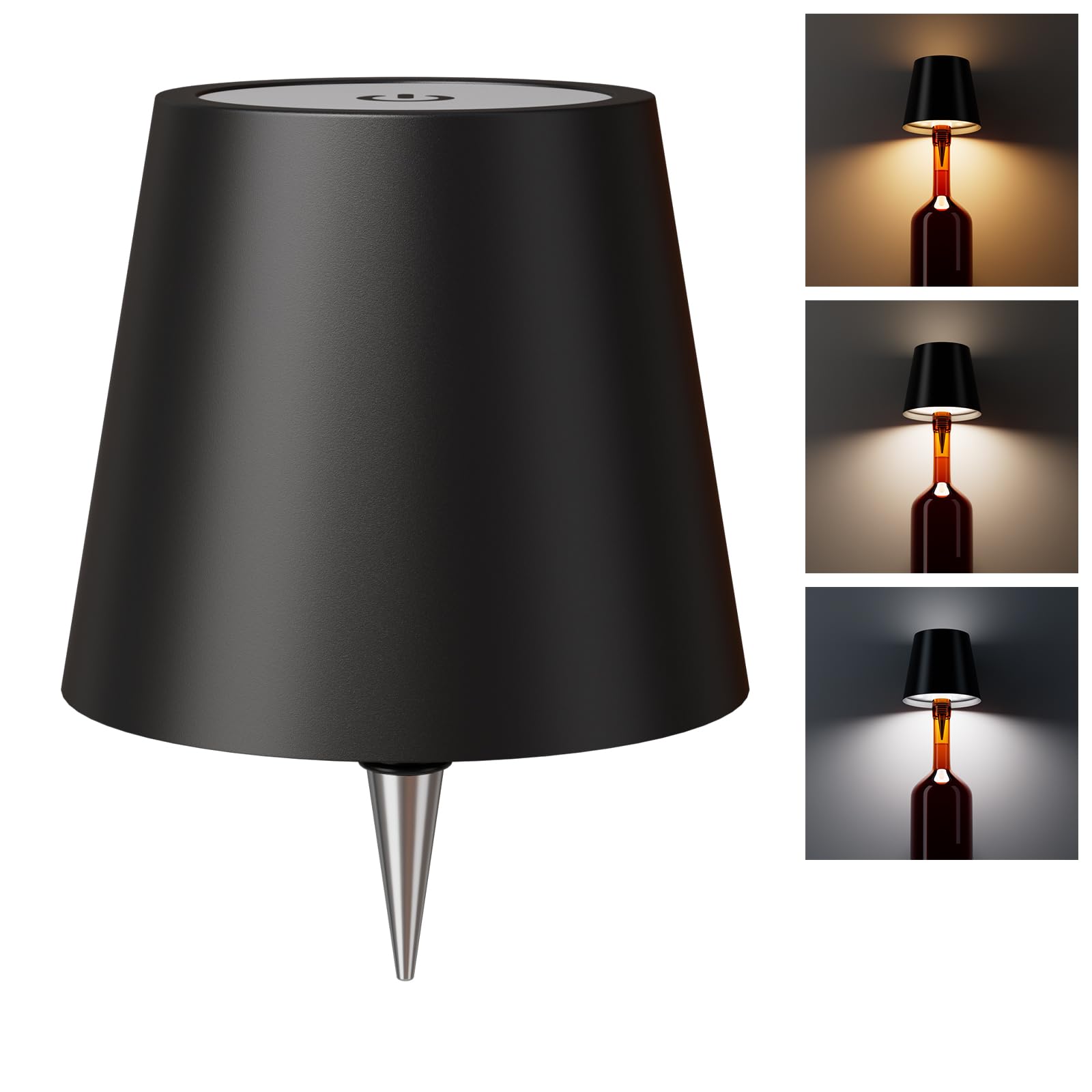 WOKWOYIO Wireless LED Bottle Lamp - Rechargeable, 3 Color Temperatures, Black